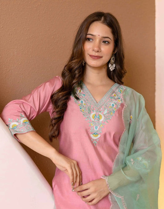 Silk Embroidered Straight Kurta with Pant & Dupatta