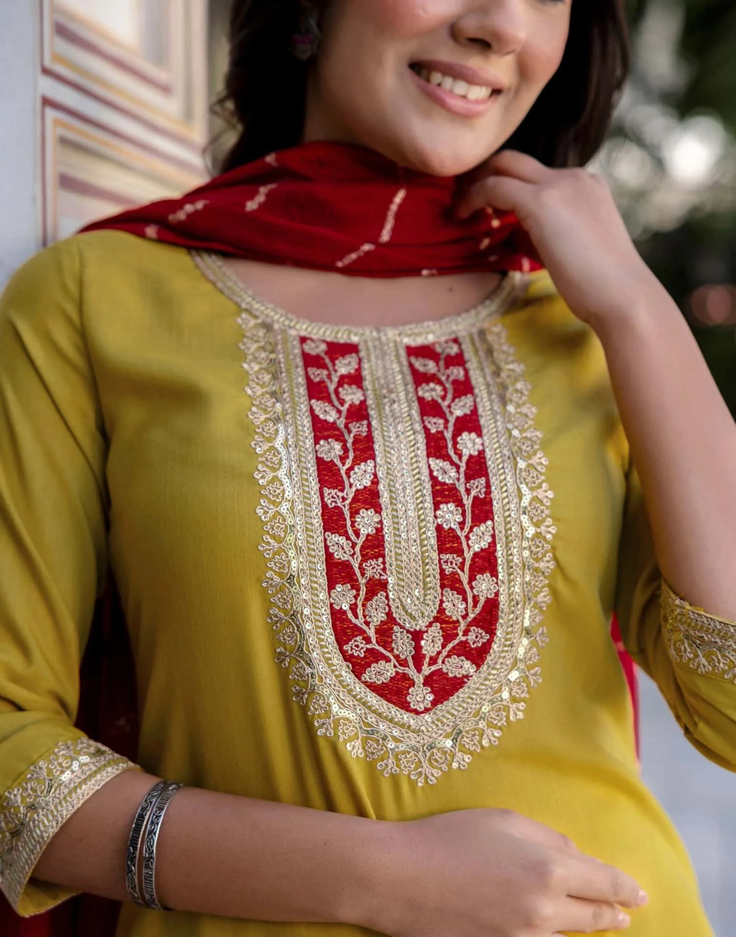 Cotton Blend Embroidery and Sequins Work, Embroidery and Sequins Work Lace Straight Kurta with Pant & Dupatta