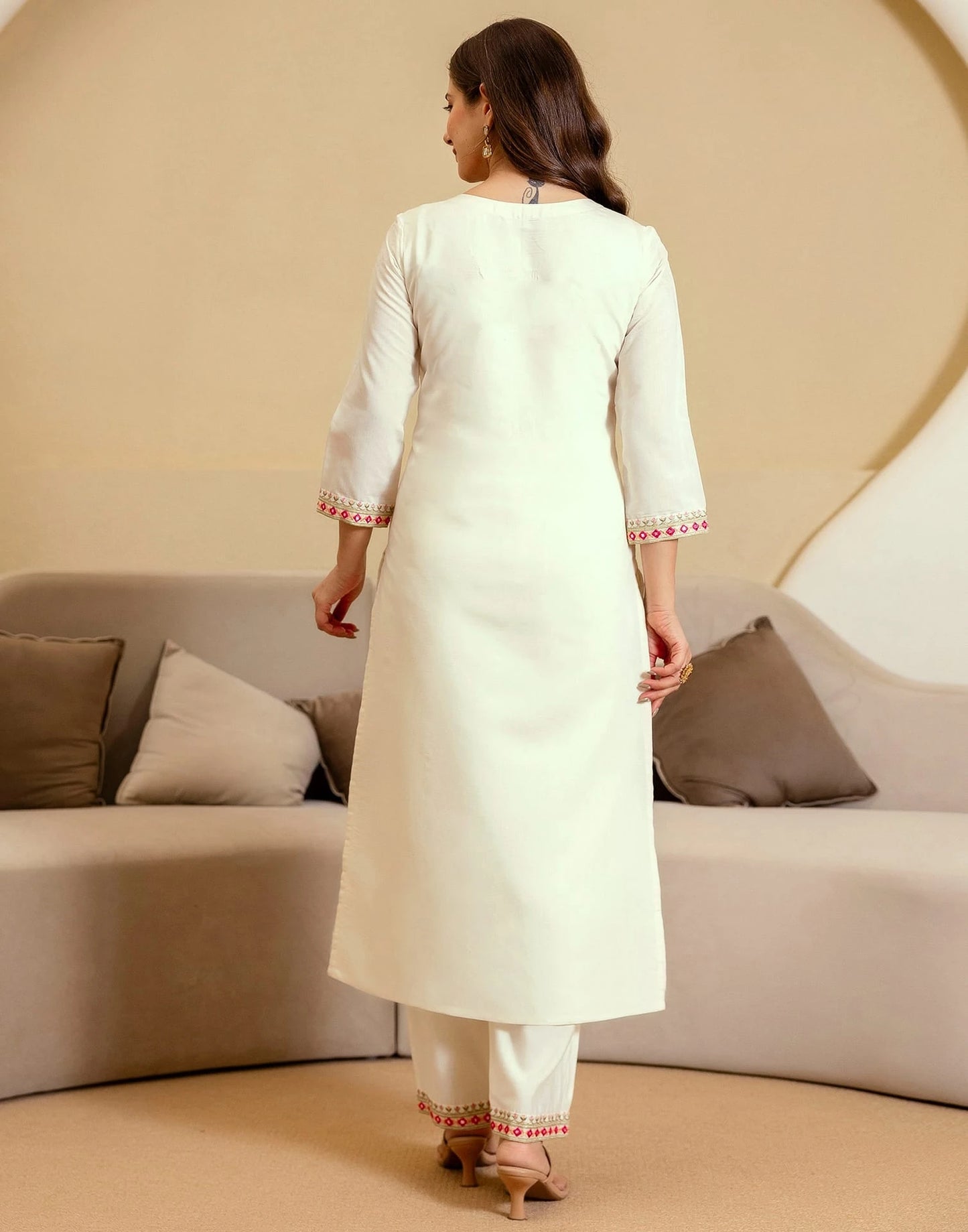 Off White Silk Blend Embroidered Straight Kurta Set for Women with Pant and Dupatta