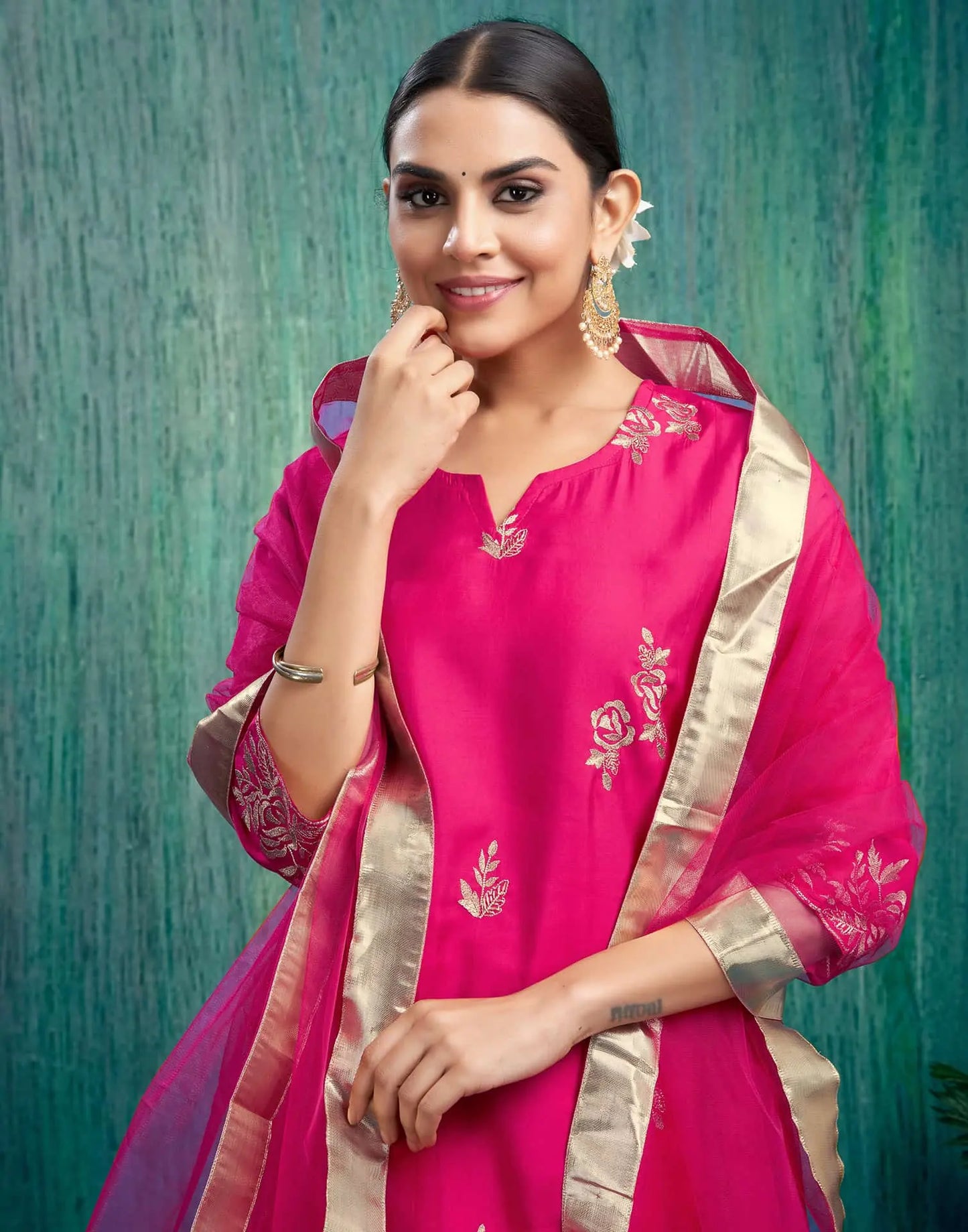 Silk Blend Embroidered Straight Kurta with Pant & Dupatta