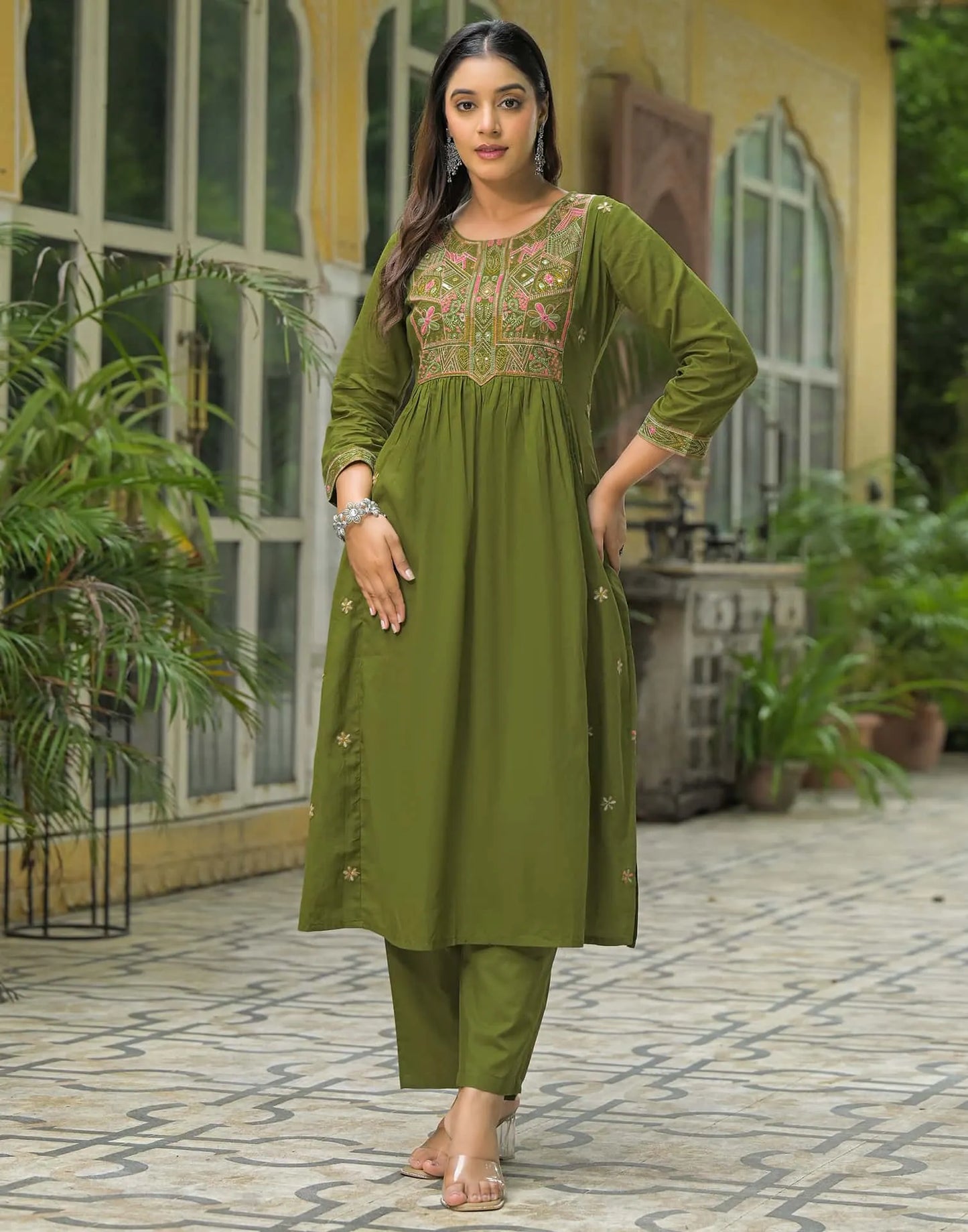 Cotton Embroidered A-line Kurta with Pant & Dupatta