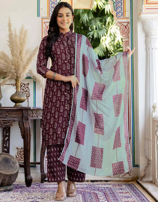Rayon Printed Straight Kurta with Pant & Dupatta
