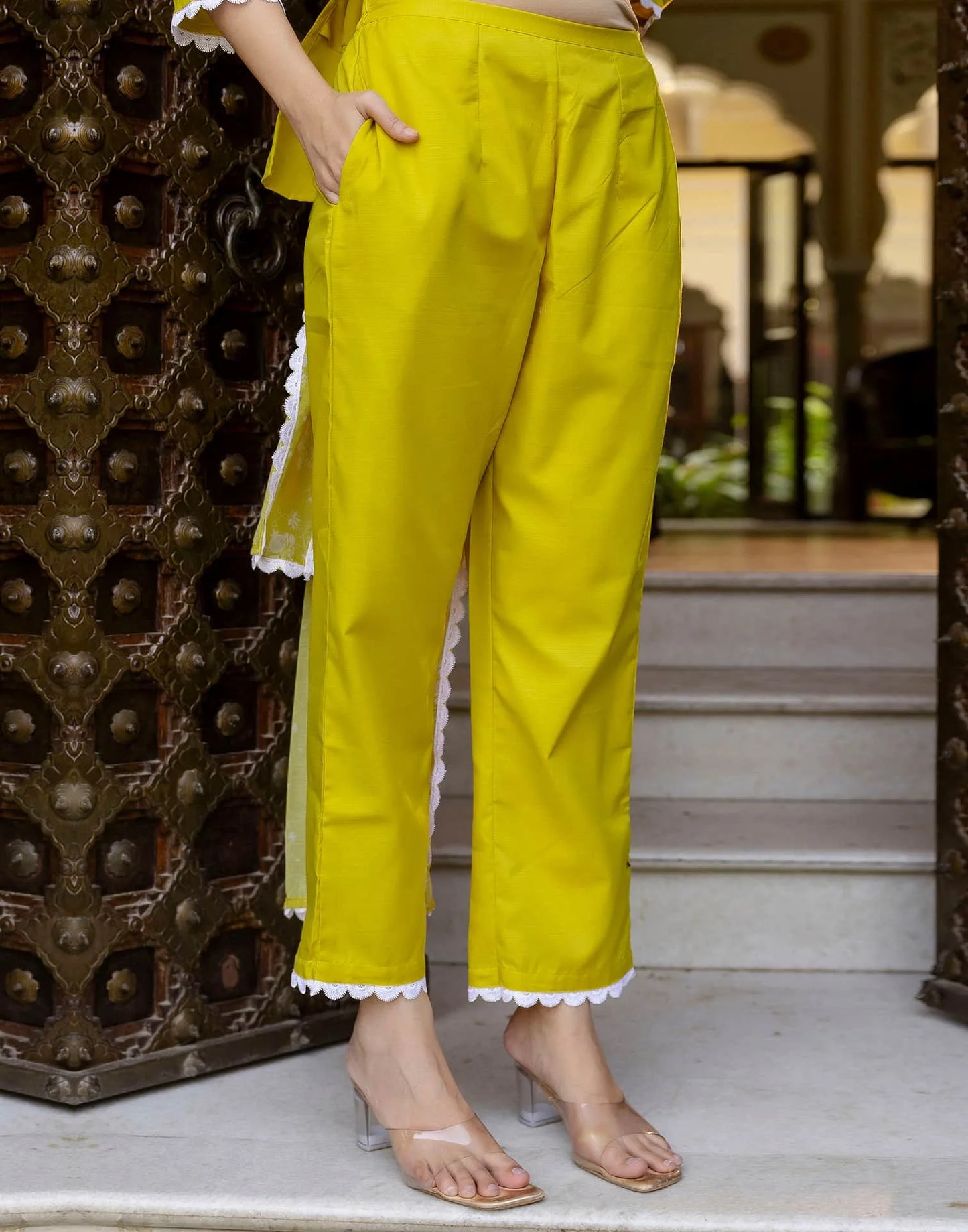 Yellow Cotton Blend Embroidery and Sequins Work Straight Kurta Set for Women