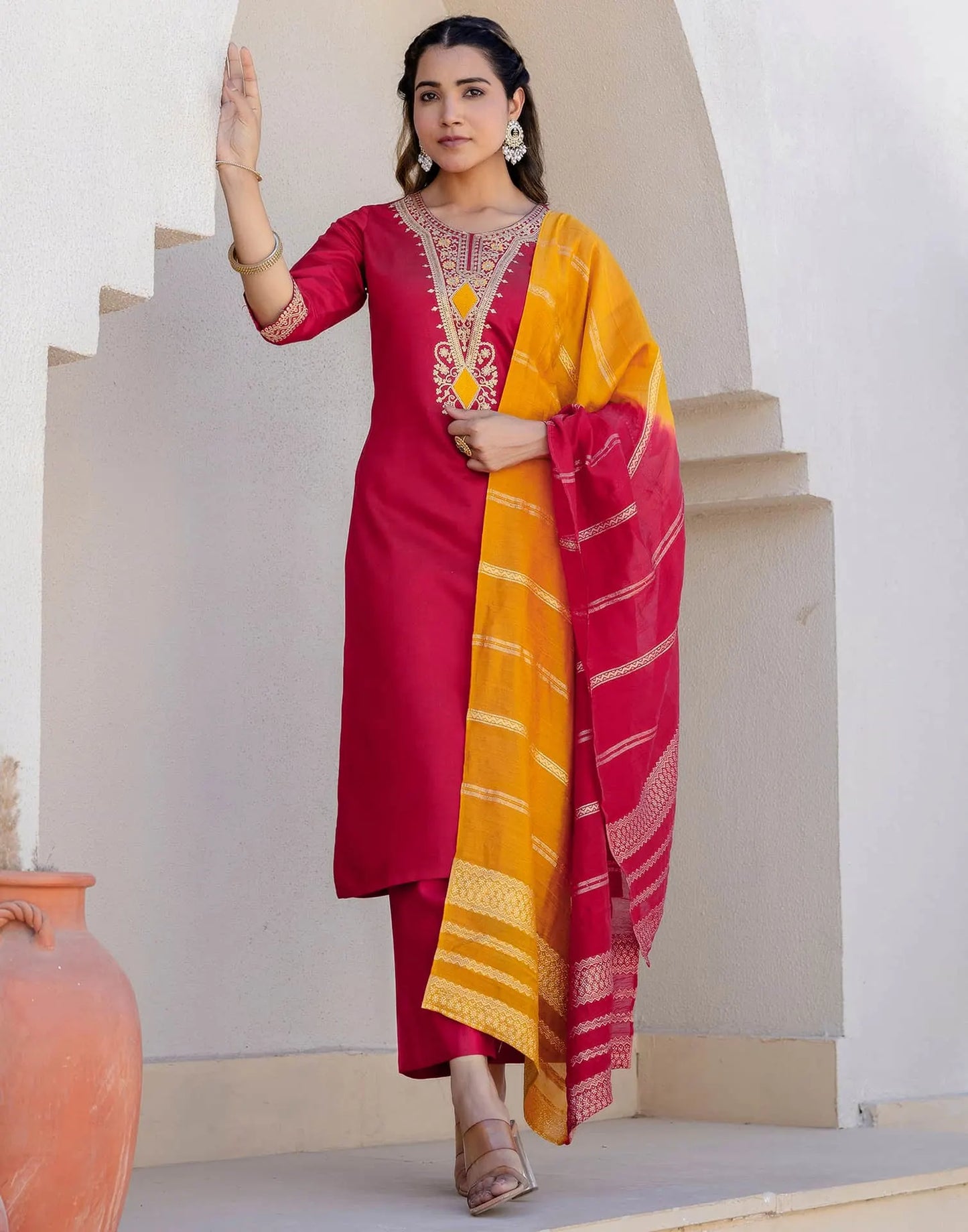 Cotton Blend Embroidery and Sequins Work Straight Kurta with Pant & Dupatta