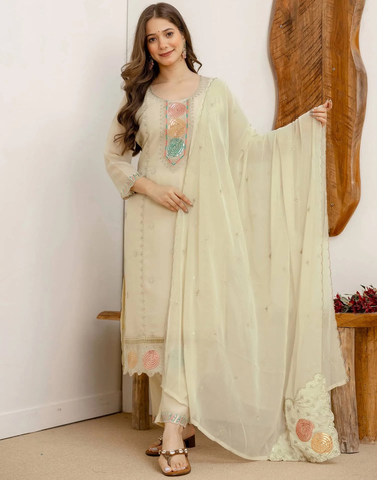 Beige Georgette Embroidered Kurta Set with Pant & Dupatta