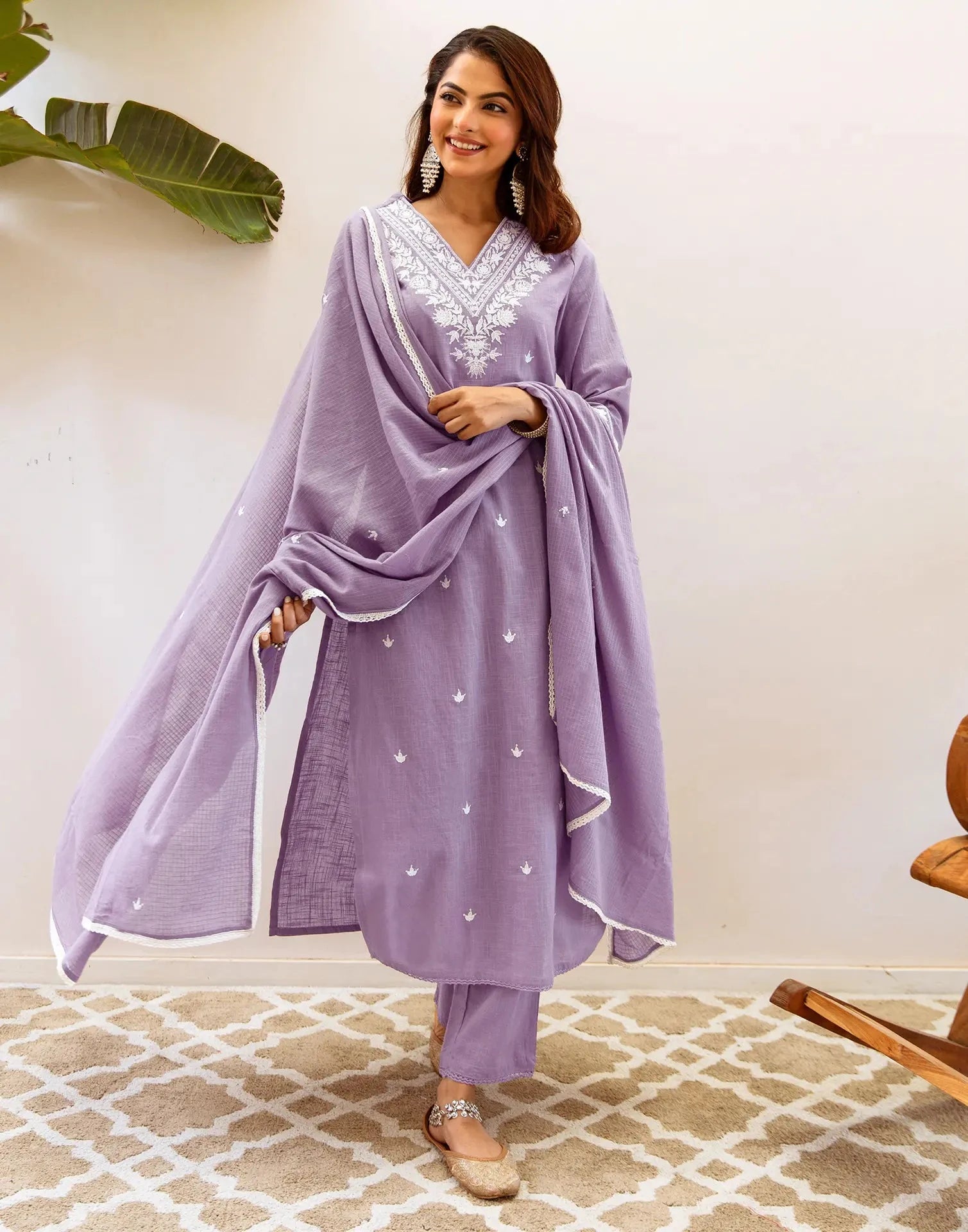 Cotton Embroidered V-Neck Straight Kurta with Pant & Dupatta