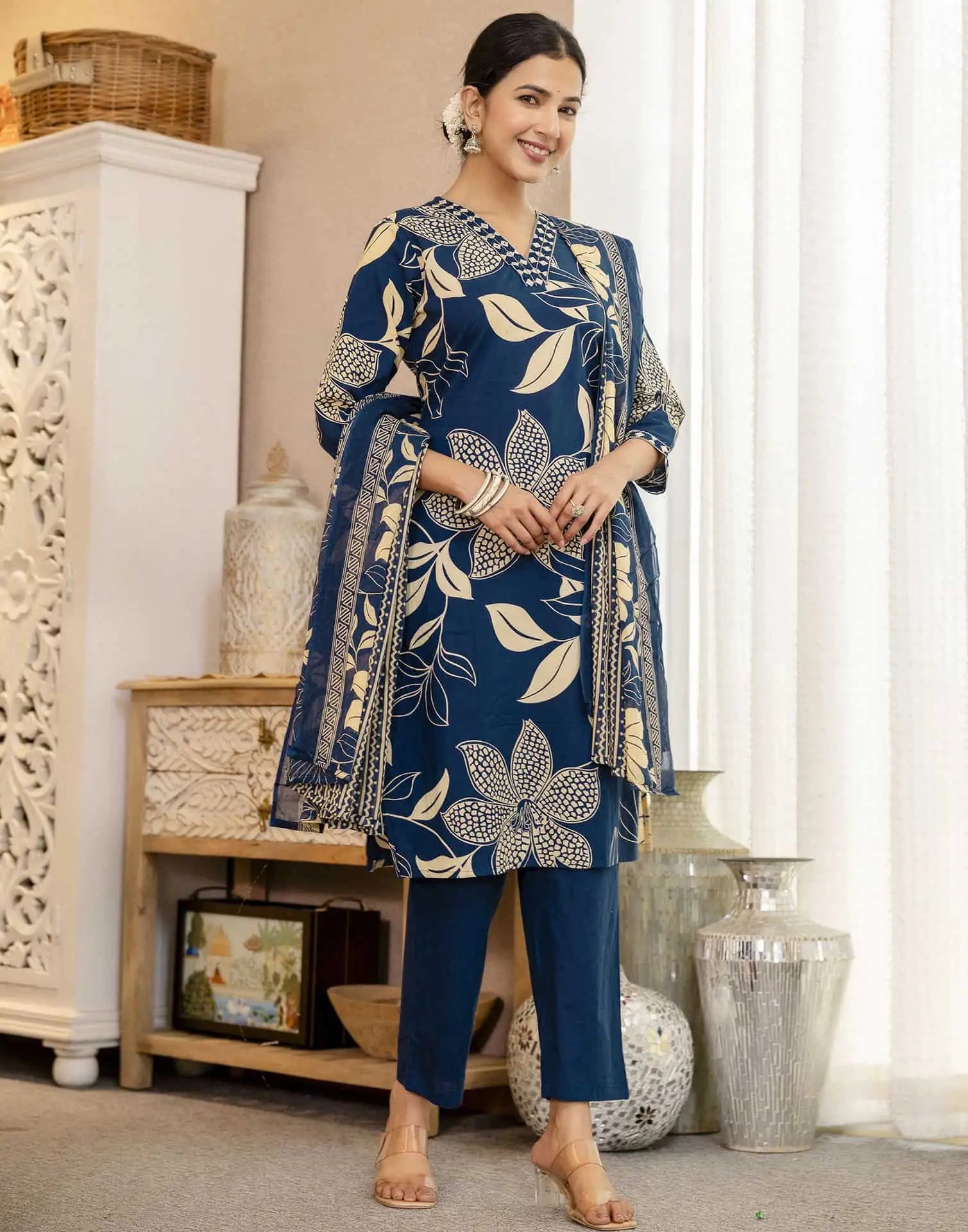 Blue Cotton Printed Straight Kurta Set with Pant & Dupatta under 799