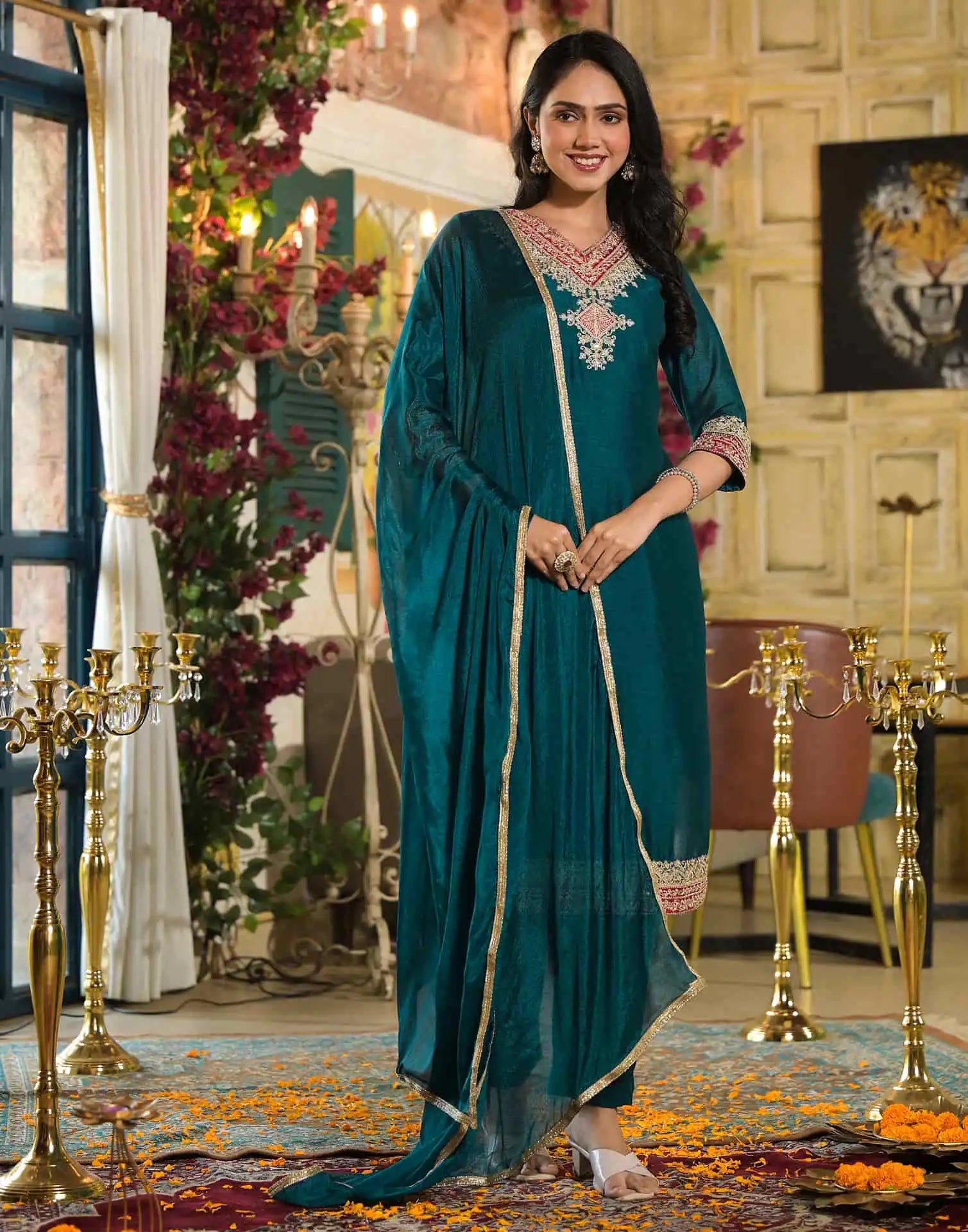 Blue Silk Embroidered Straight Kurta Set with Pant & Dupatta under 1250