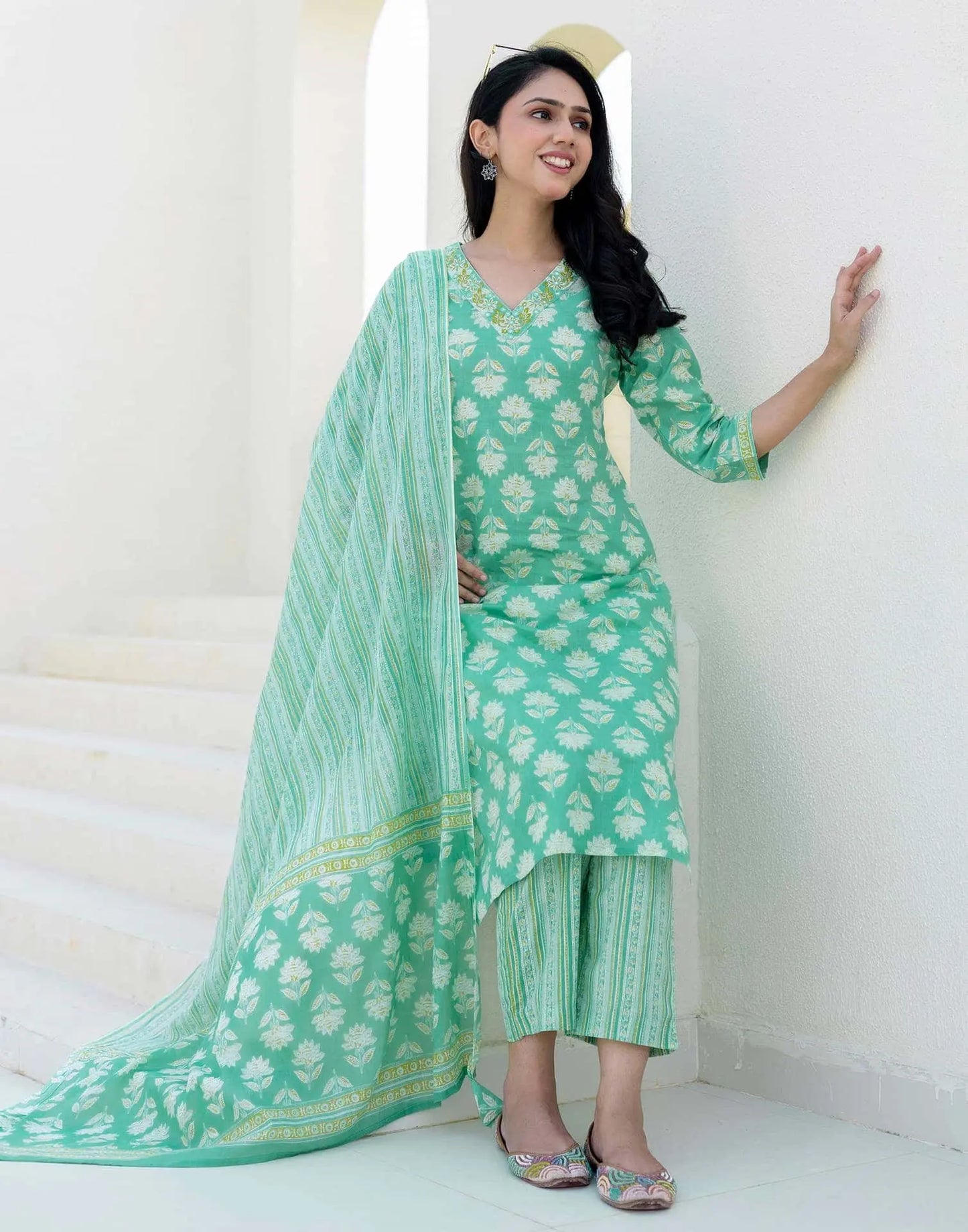 Cotton Printed, Embroidery and Mirror Work, Lace Straight Kurta with Pant & Dupatta