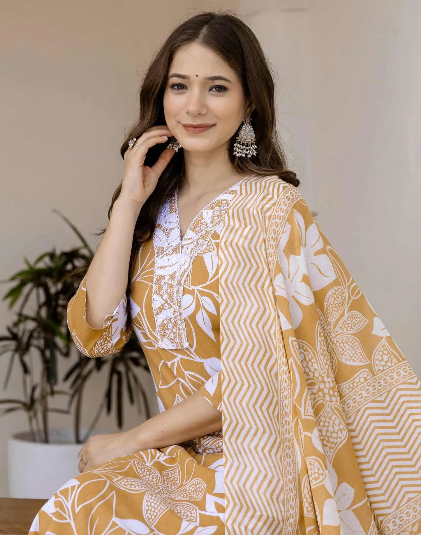 Cotton Straight Printed V-Neck Kurta with Pant & Dupatta