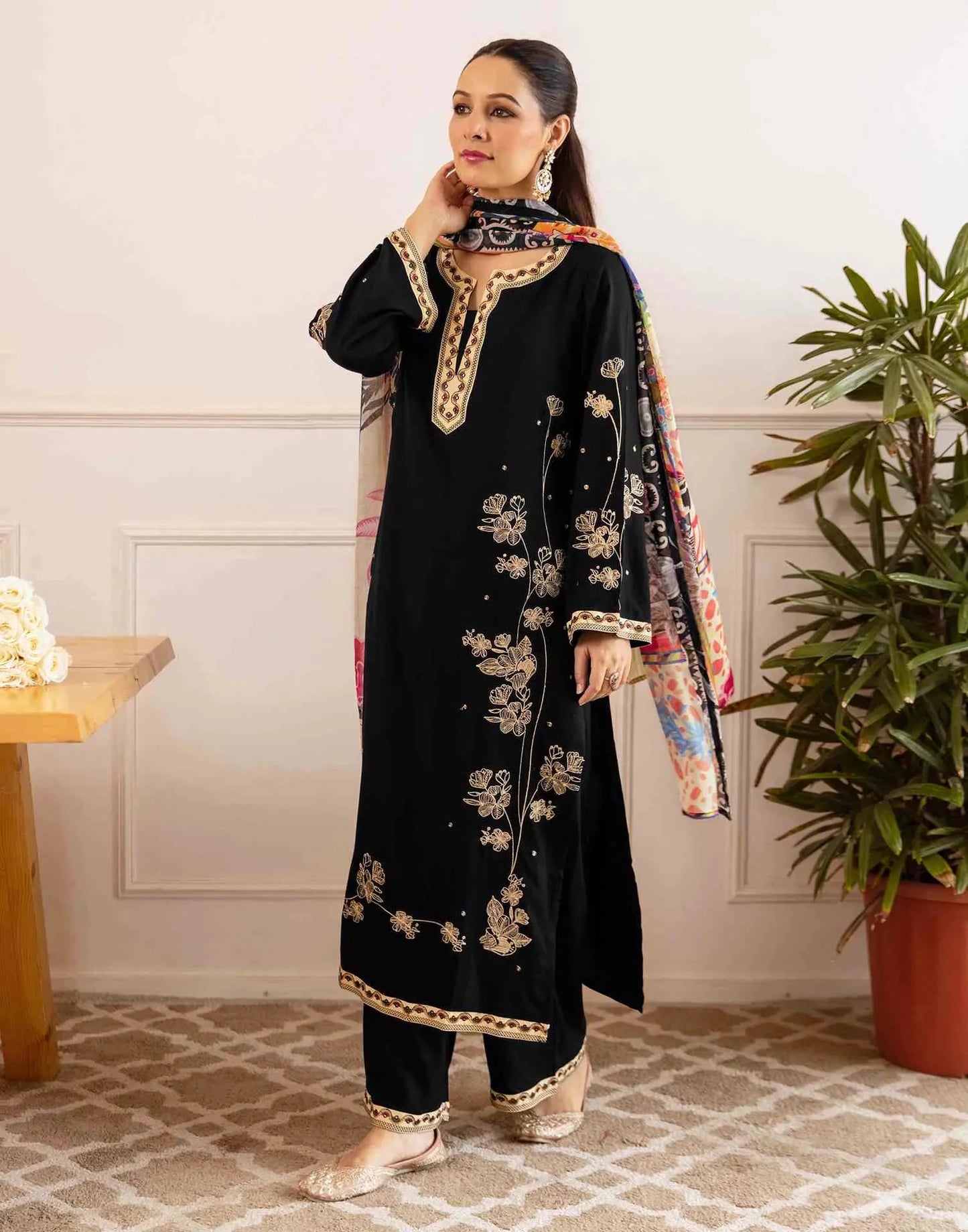Rayon Embroidered Straight V-Neck Kurta with Pant & Dupatta