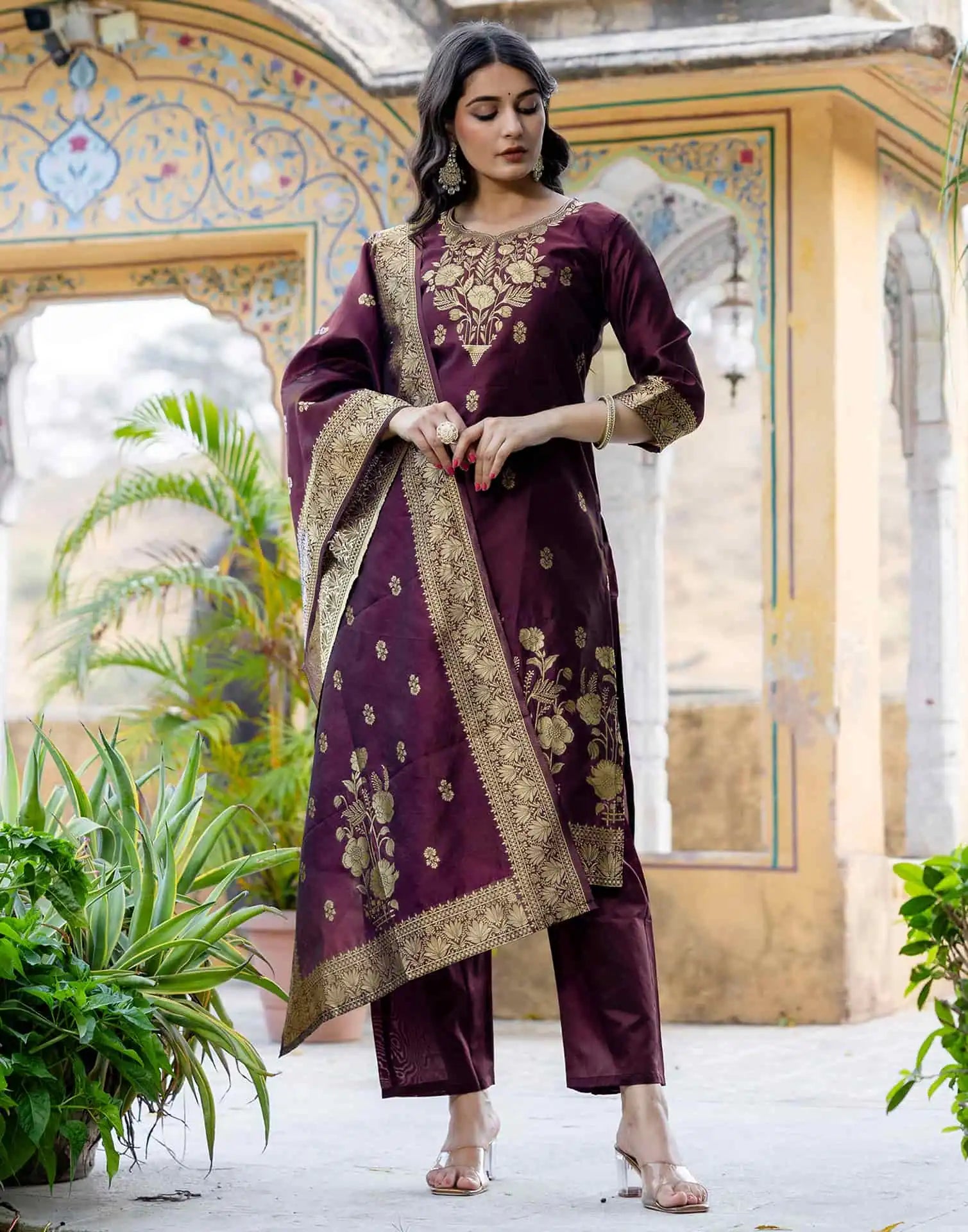 Purple Silk Blend Weaving Straight Kurta Set for Women with Pant & Dupatta
