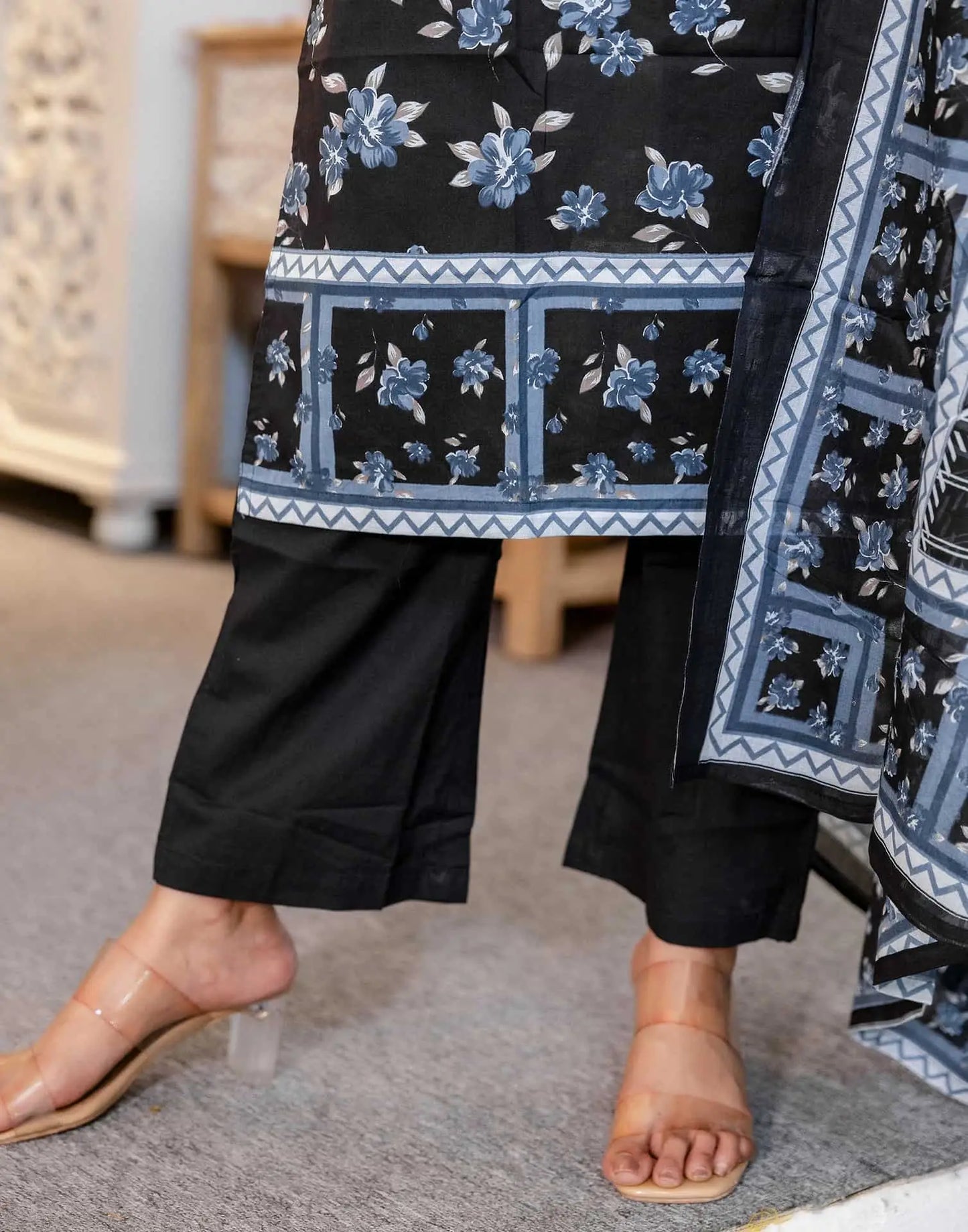 Affordable Blue Cotton Printed Straight Kurta Set with Pant & Dupatta under 799