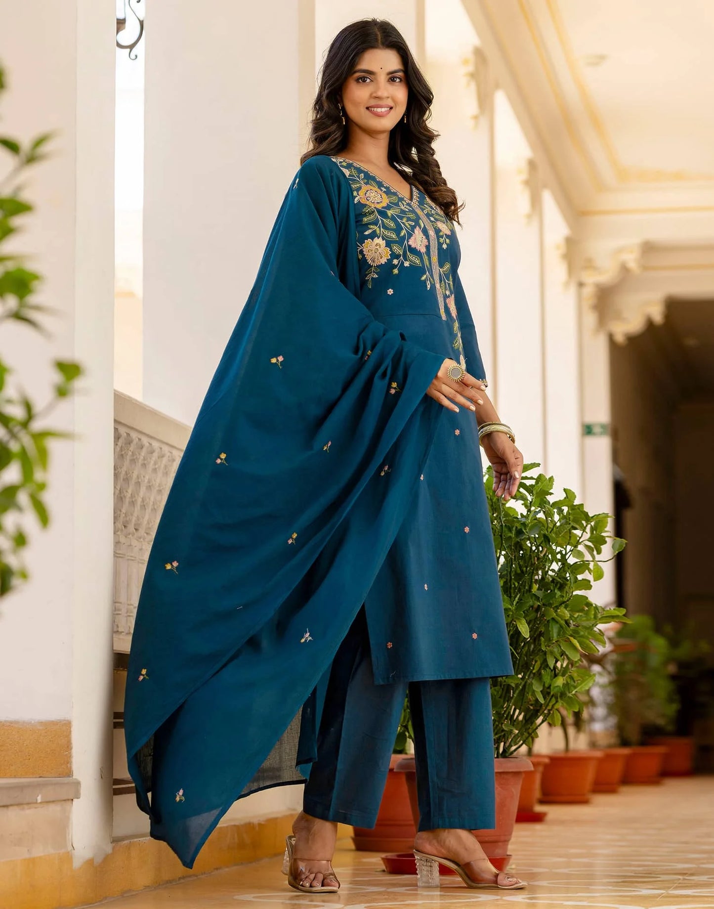 Skylee Blue Cotton Embroidered Straight Kurta Set for Women