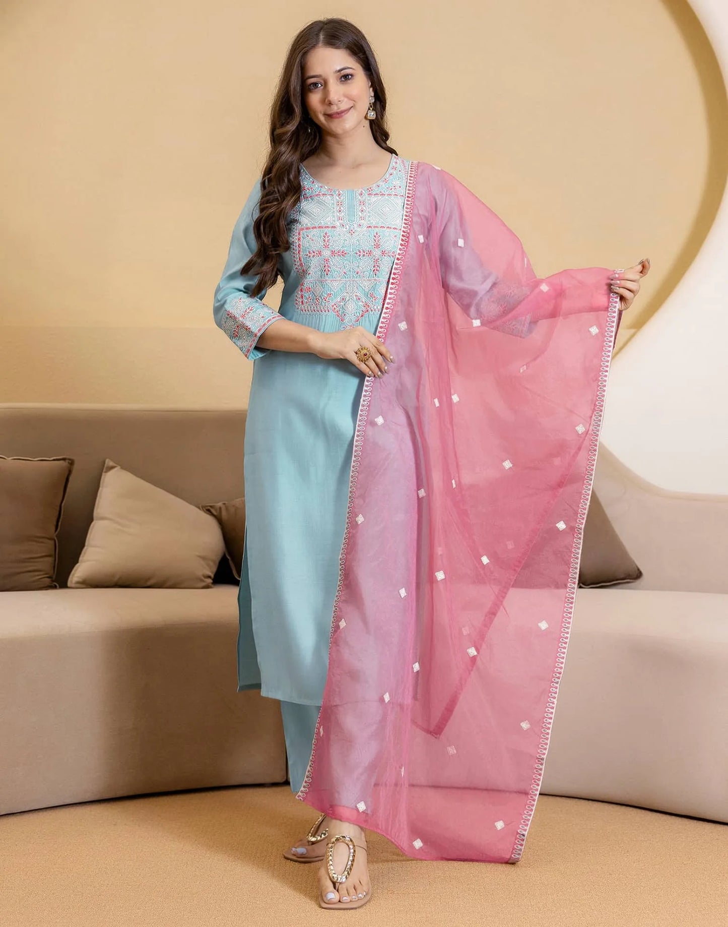 Blue Silk Blend Embroidered Straight Kurta with Pant & Dupatta