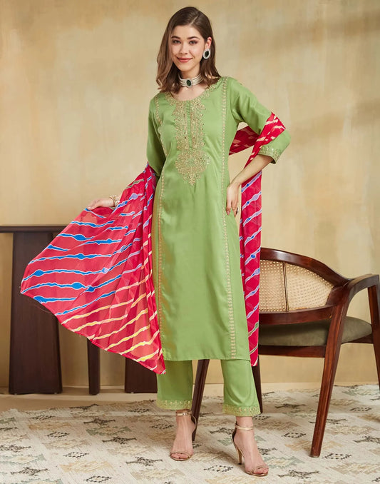 Light Green Cotton Embroidered Straight Kurta Set with Pant & Dupatta for Women