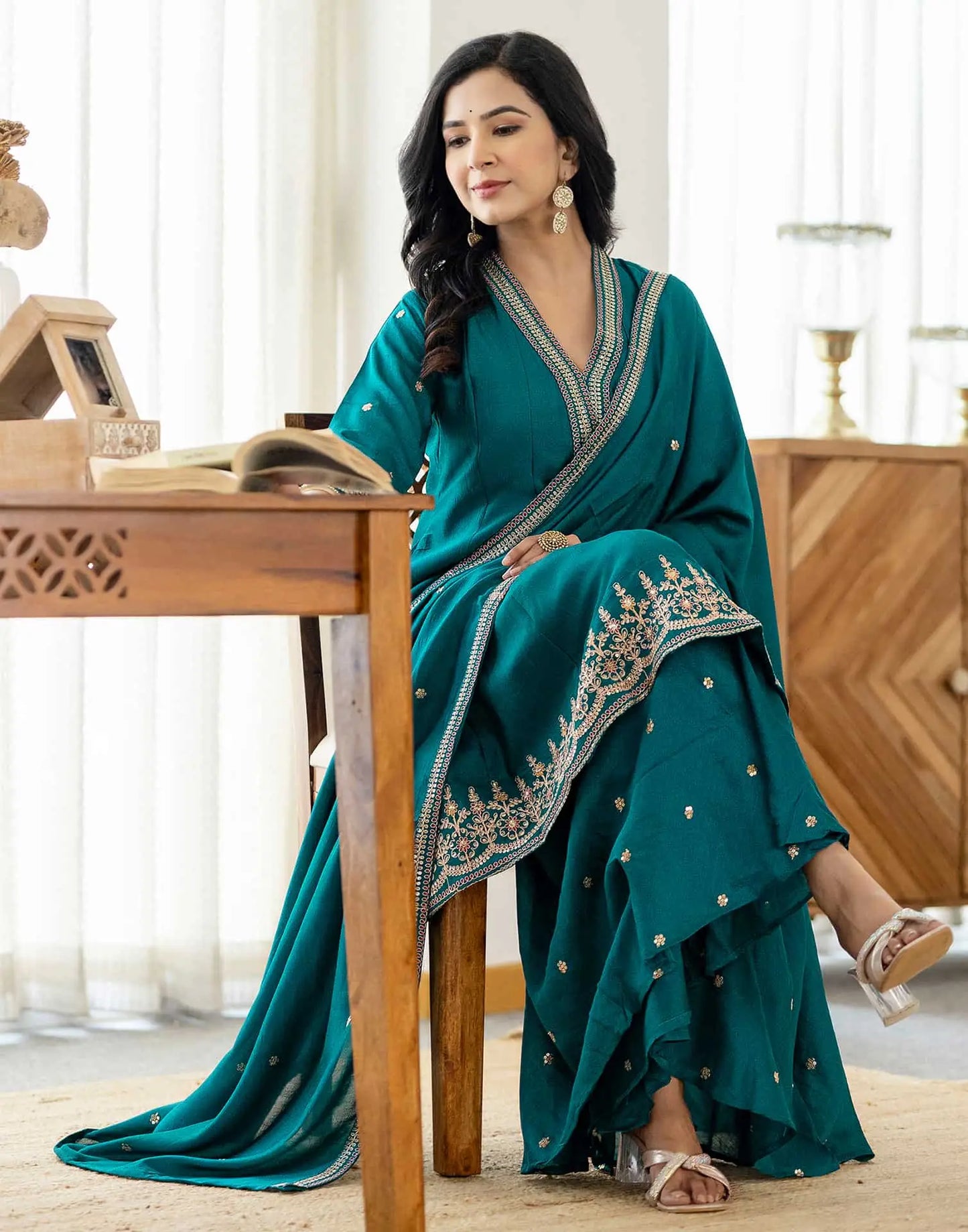 Silk Flared Embroidery V-Neck Kurta with Pant & Dupatta