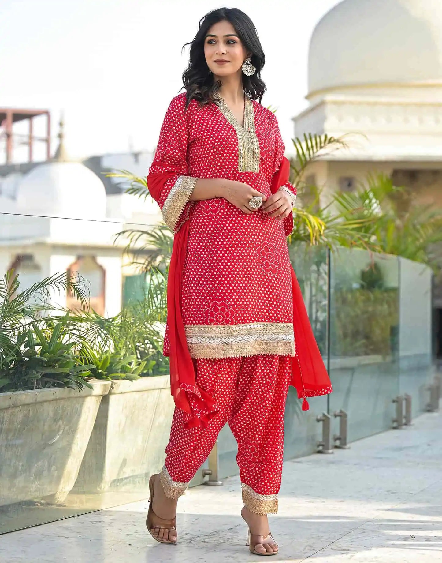 Red Silk Printed Straight Kurta Set with Pant & Dupatta V-Neck Ethnic Kurti for Festive Wear