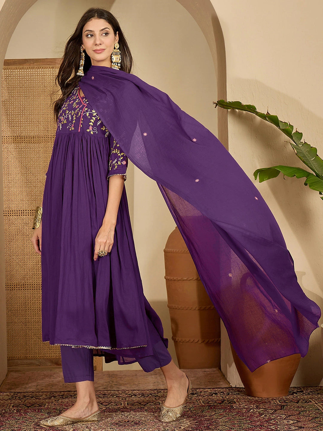 Cotton Embroidered Anarkali Kurta with Pant & Dupatta