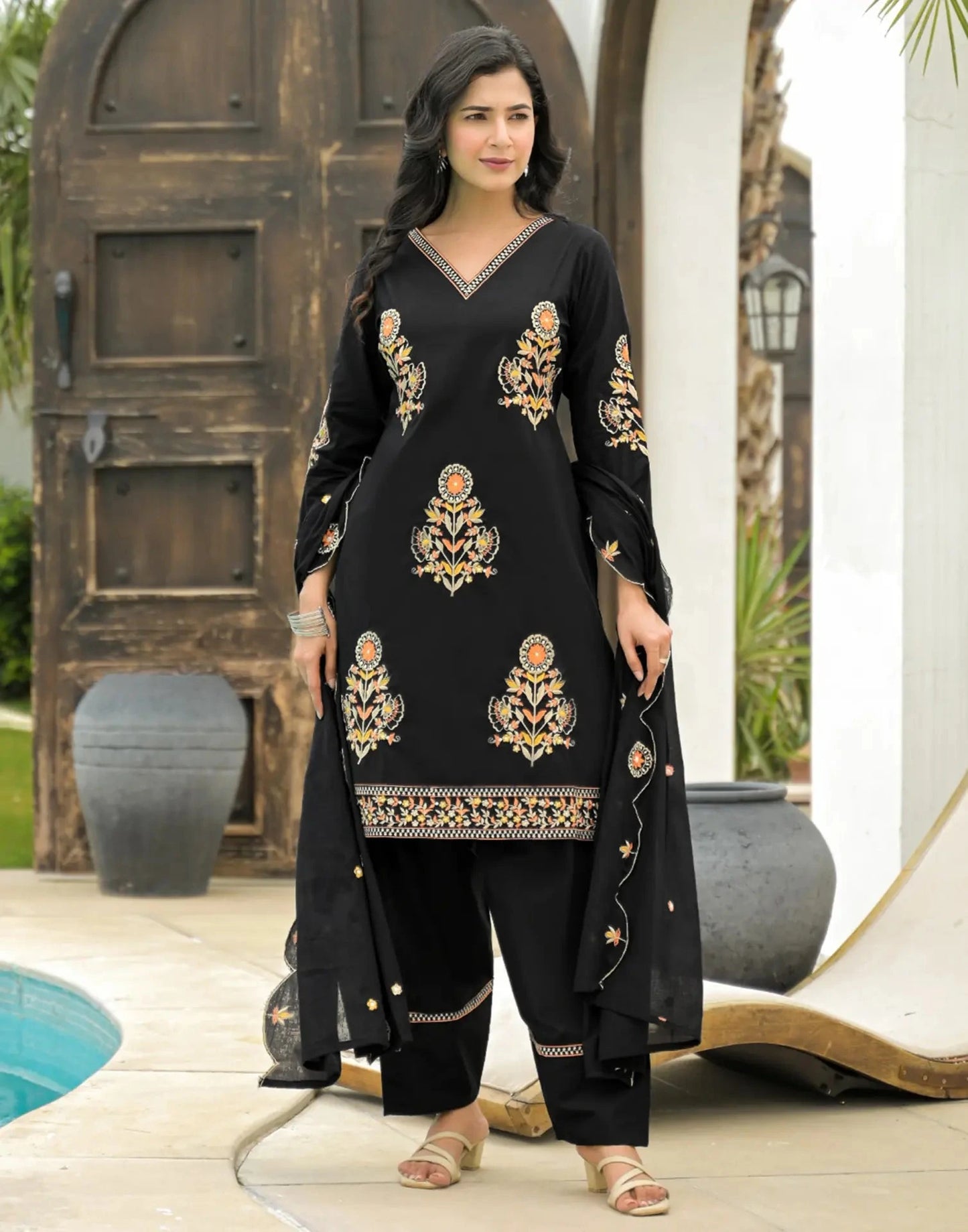 Cotton Embroidered V-Neck Straight Kurta with Pant & Dupatta