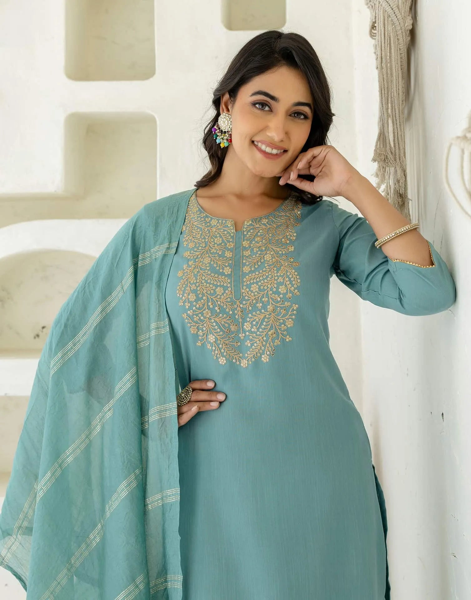 Light Green Cotton Embroidered Straight Kurta with Pant and Dupatta
