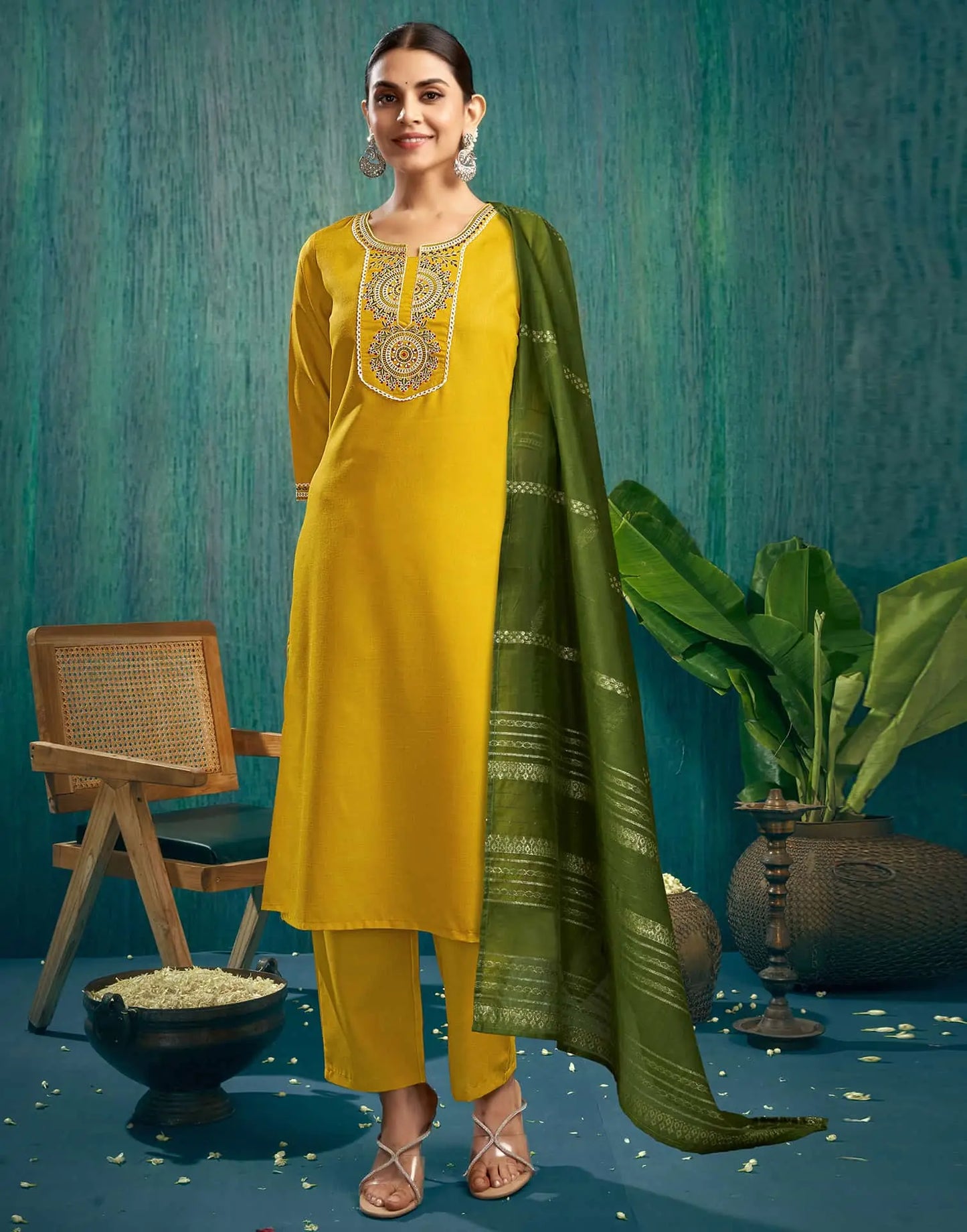 Cotton Blend Embroidery and Lace Straight Kurta with Pant & Dupatta
