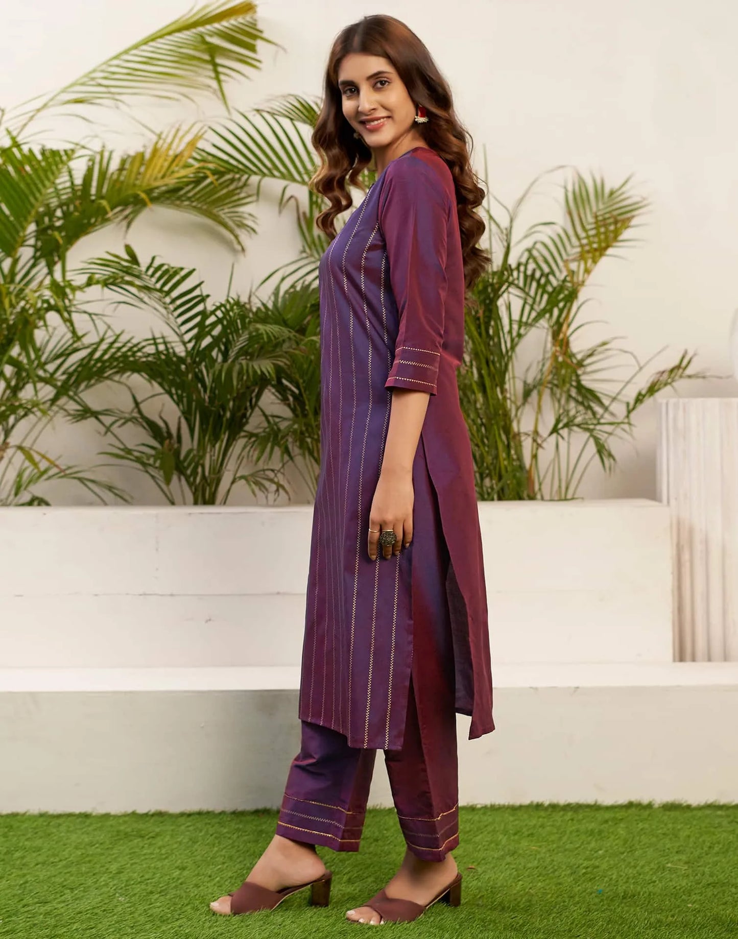 Silk Blend Foil Print and Lace Straight Kurta with Pant & Dupatta