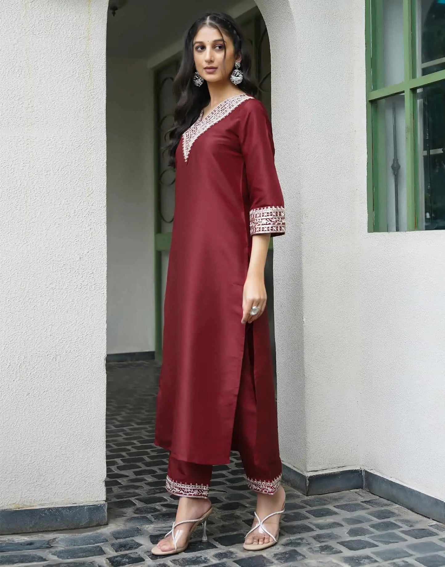 Silk Blend Sequins Embroidery Lace Straight Kurta with Pant & Dupatta