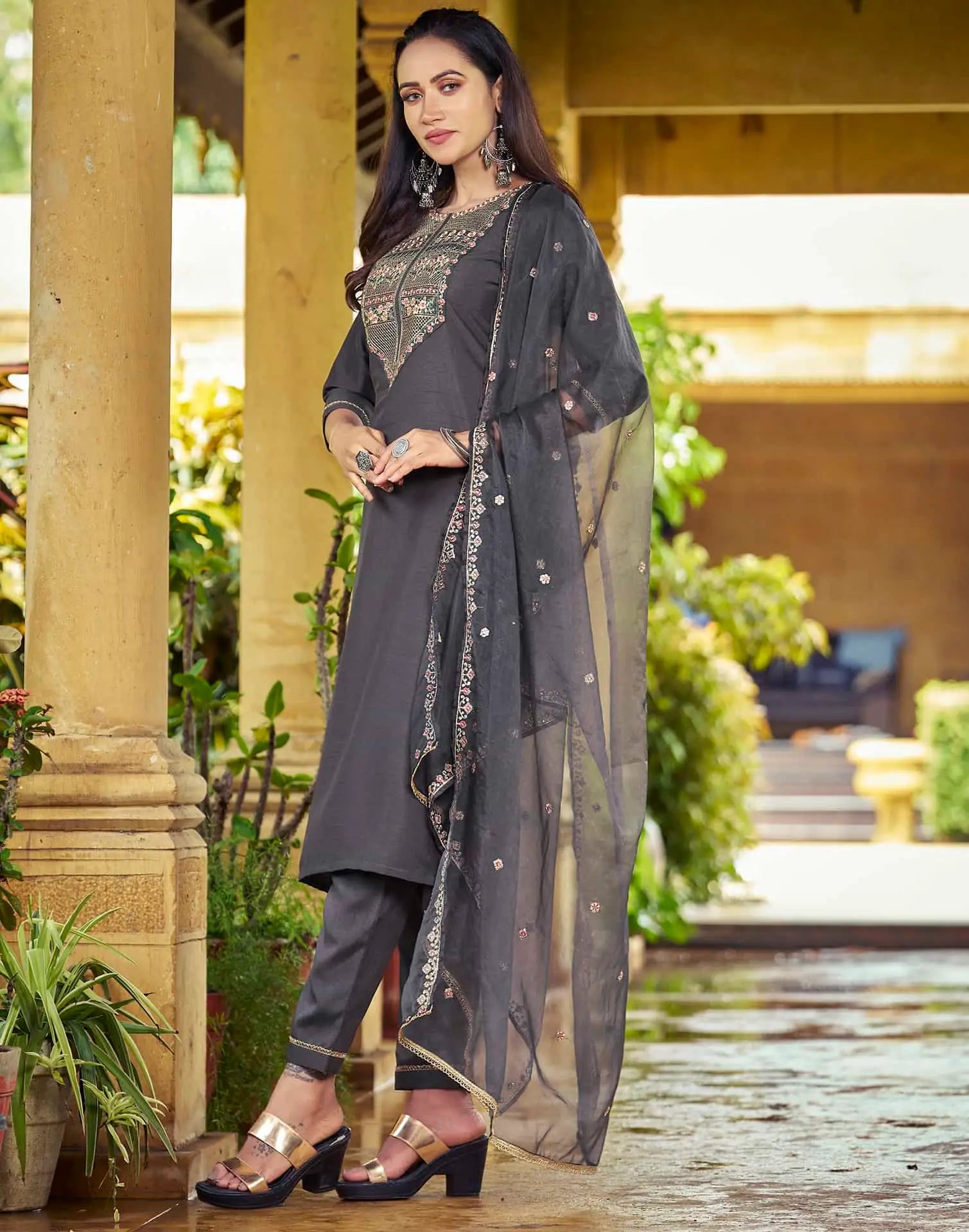 Grey Silk Sequence Embroidered Straight Kurta Set with Pant and Dupatta – Elegant Wedding & Festive Wear for Women