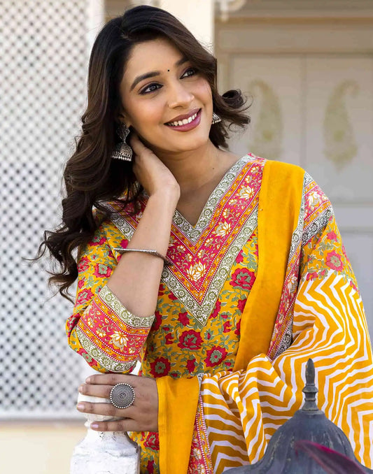 Cotton Blend Foil Printed and Printed Lace Straight Kurta with Pant & Dupatta