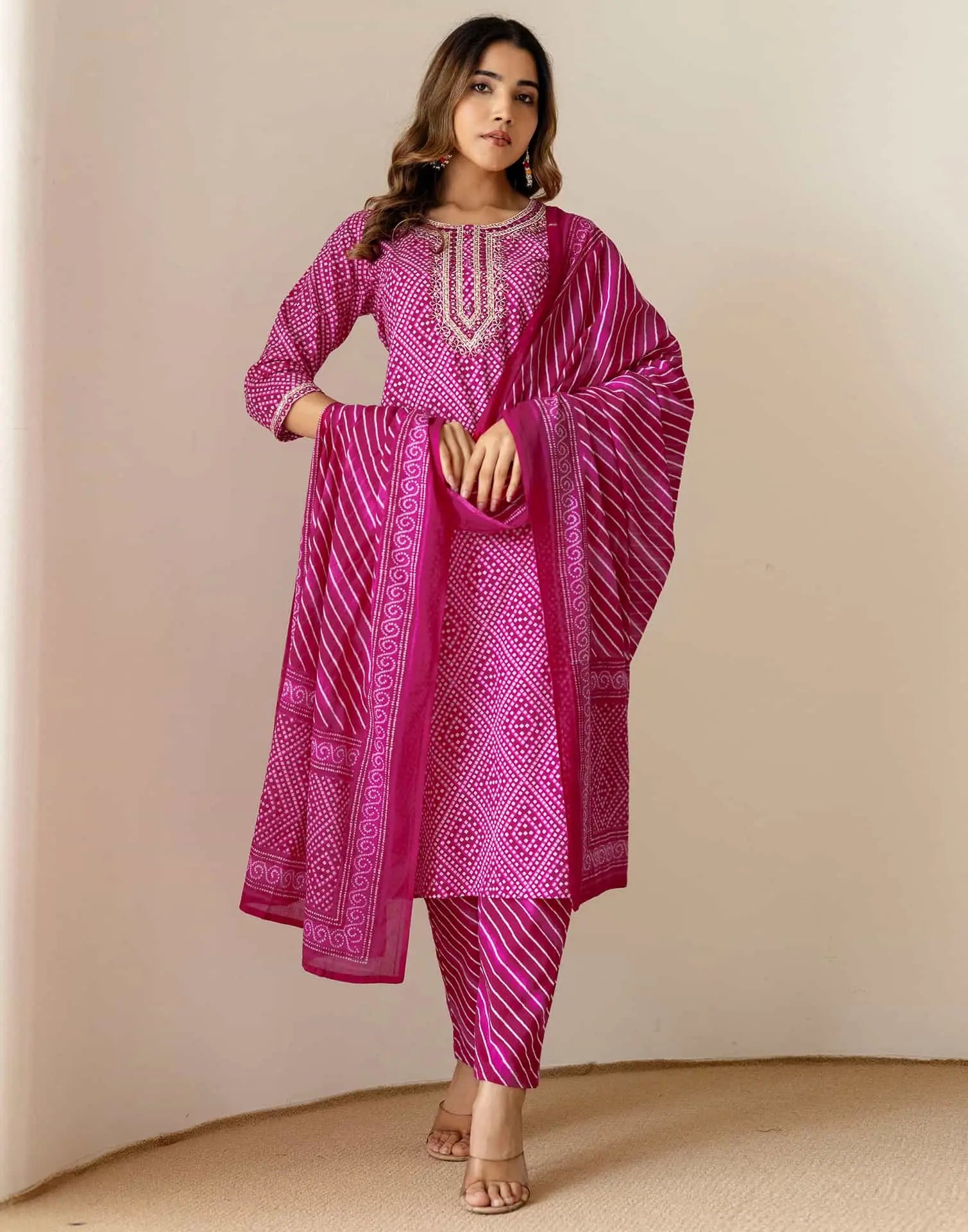 Pink Cotton Printed Kurta Set with Pant & Dupatta under 999