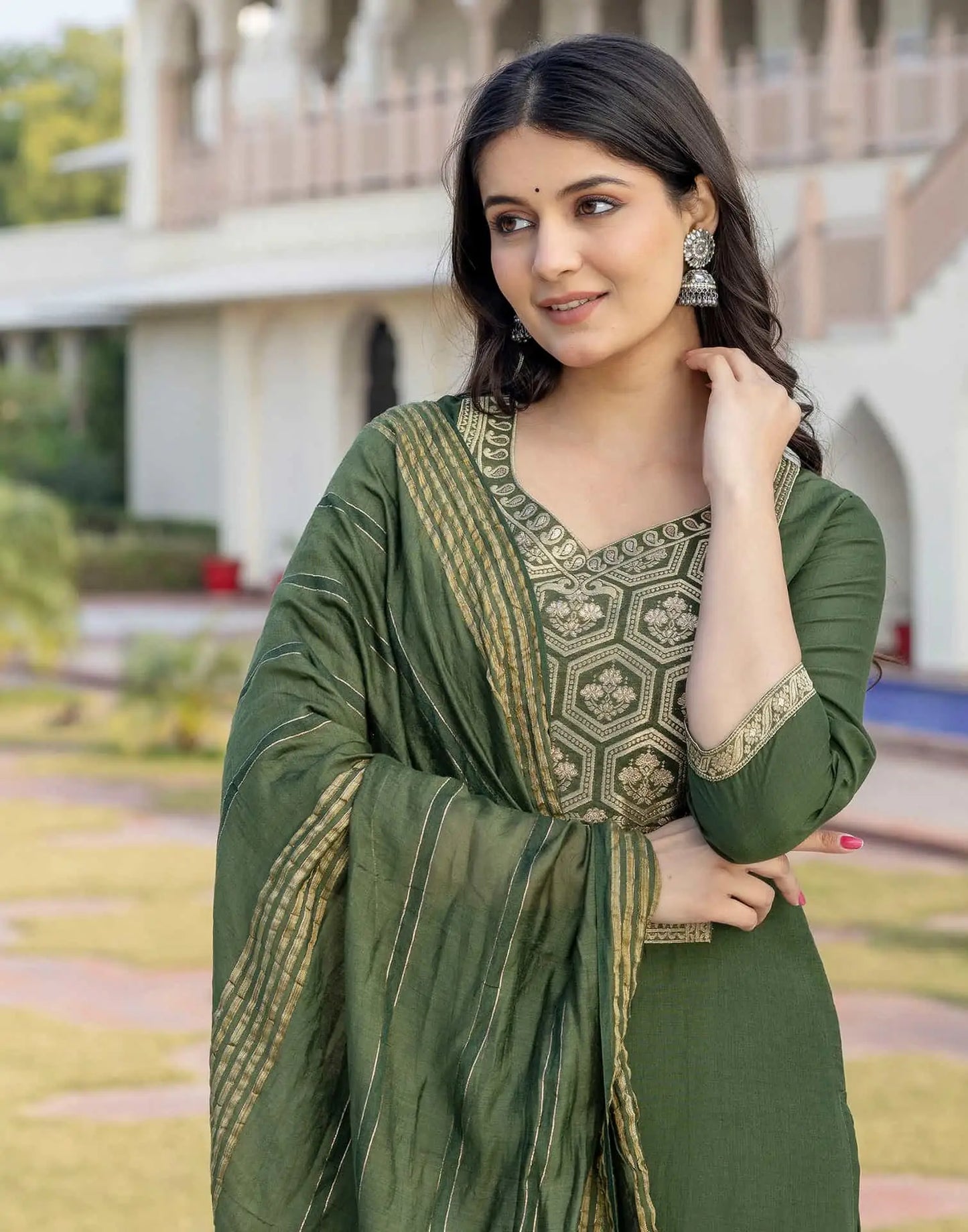 Silk Blend Weaving and Lace Straight Kurta with Pant & Dupatta
