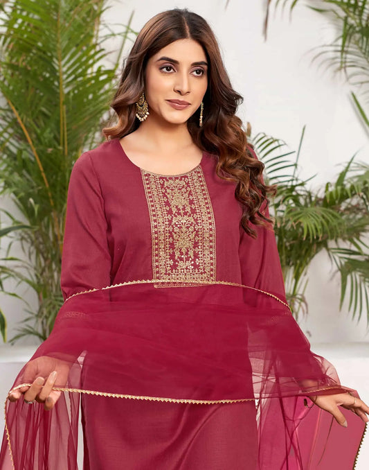 Cotton Blend Sequence Embroidery Work and Embroidered Lace Straight Kurta with Pant & Dupatta