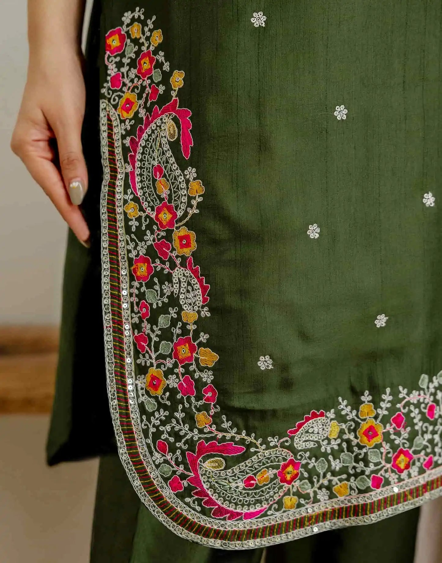 Green Silk Embroidered Straight Kurta Set with Pant and Dupatta for Women under 1299