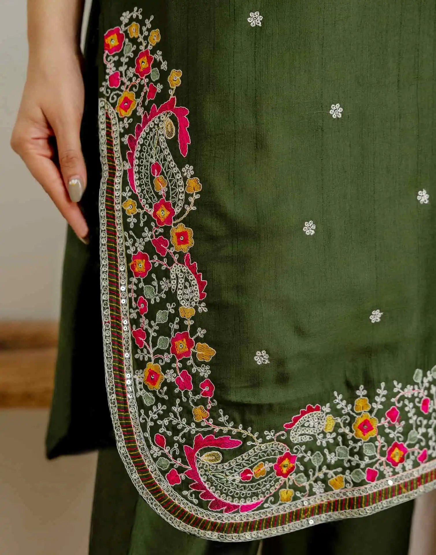 Green Silk Embroidered Straight Kurta Set with Pant and Dupatta for Women under 1299