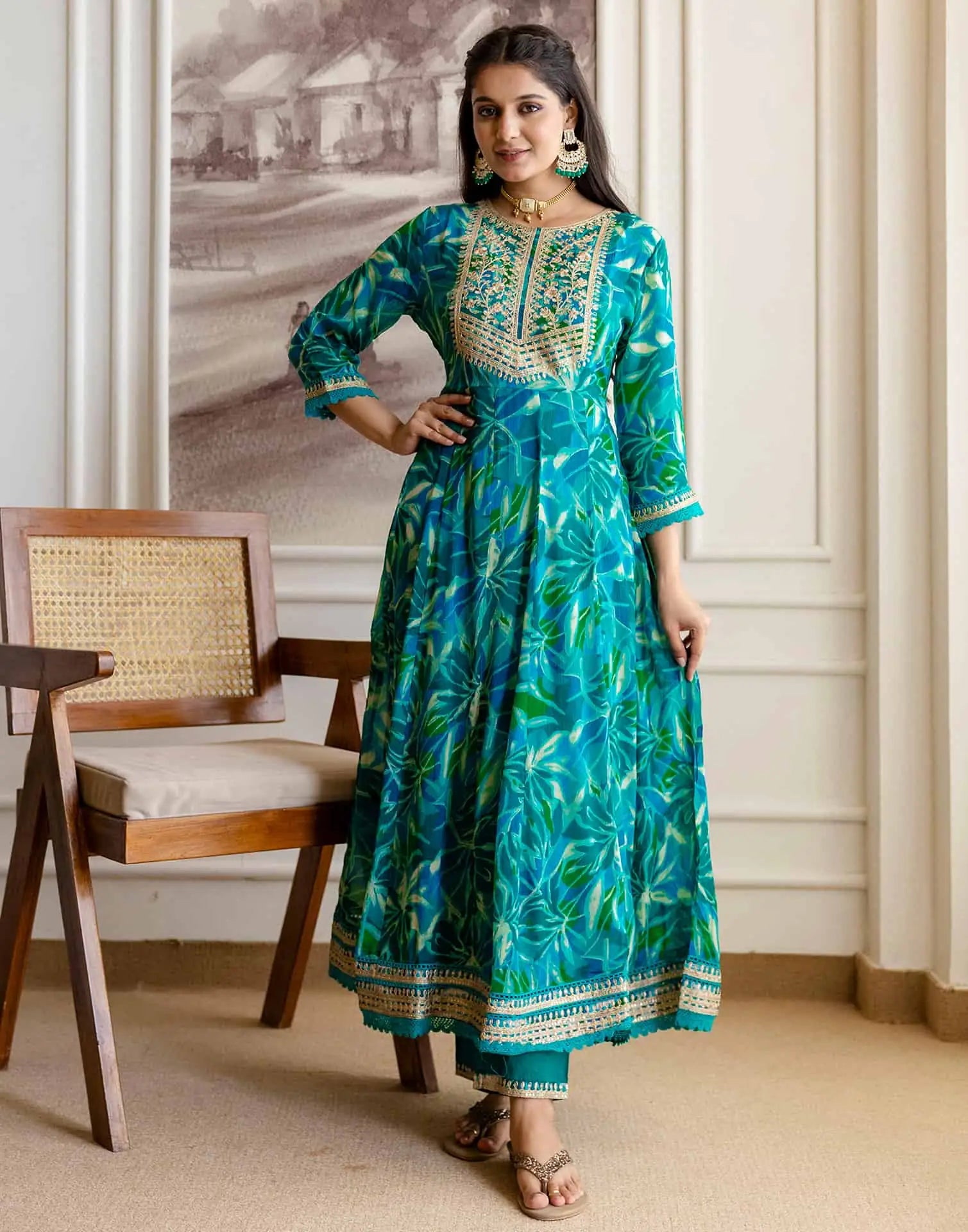 Blue Silk Printed Anarkali Kurta Set with Pant & Dupatta Affordable Ethnic Wear for Festive & Wedding
