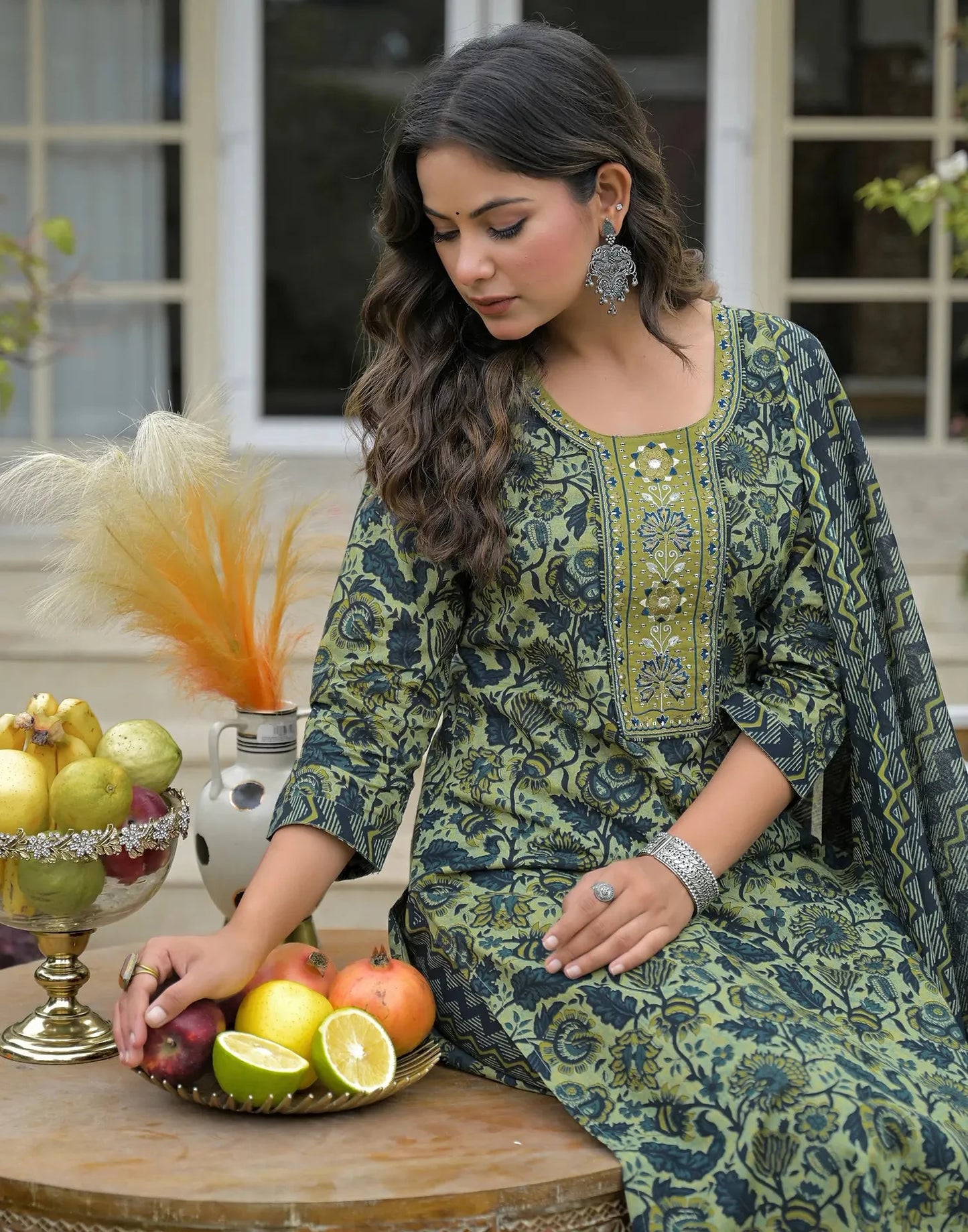 Cotton Embroidered Round Neck Straight Kurta with Pant & Dupatta