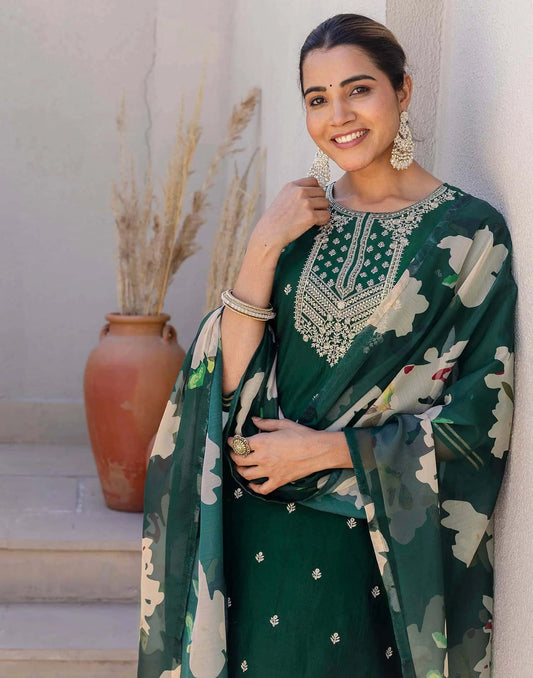 Silk Embroidery, Sequins Work and Gota Lace Straight Kurta with Pant & Dupatta