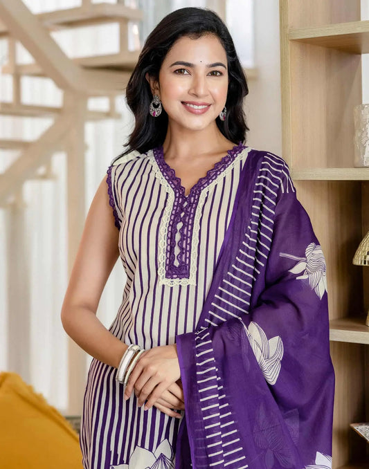 Affordable Cotton Printed V-Neck Kurta Set with Pant & Dupatta for Women under 999