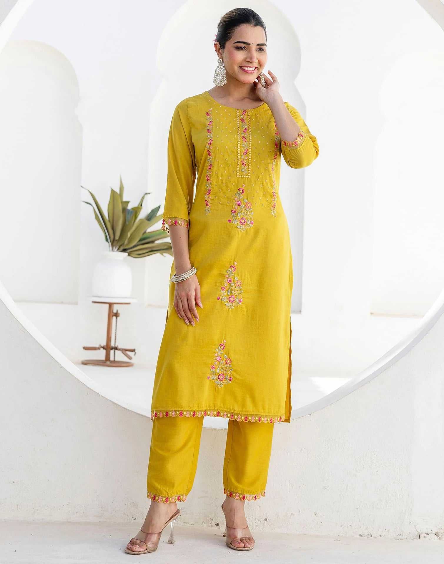 Yellow Silk Blend Embroidery and Mirror Work Straight Kurta Set for Women with Pant & Dupatta