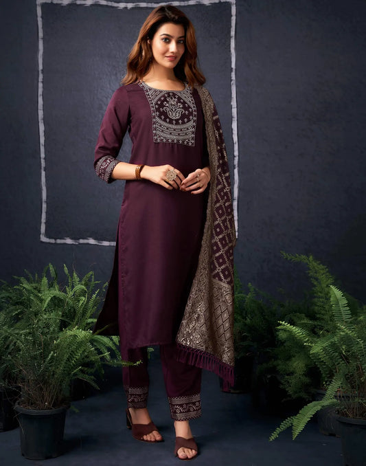 Cotton Blend Sequence Embroidery, Foil Print and Gota Lace Straight Kurta with Pant & Dupatta