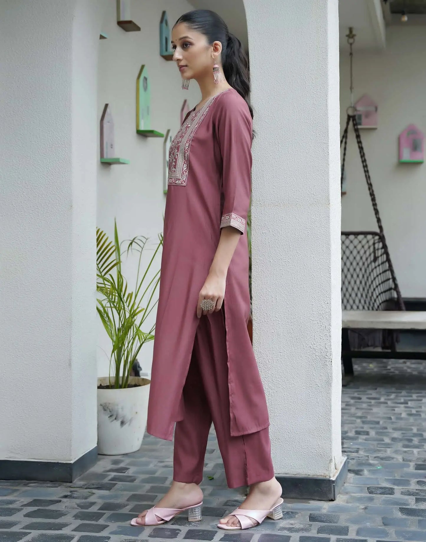 Silk Blend Embroidered Straight Kurta with Pant & Dupatta