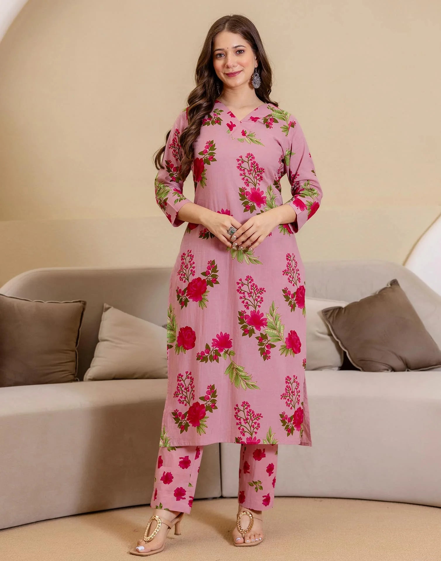 Cotton Floral Printed Straight Kurta with Pant and Dupatta for Women