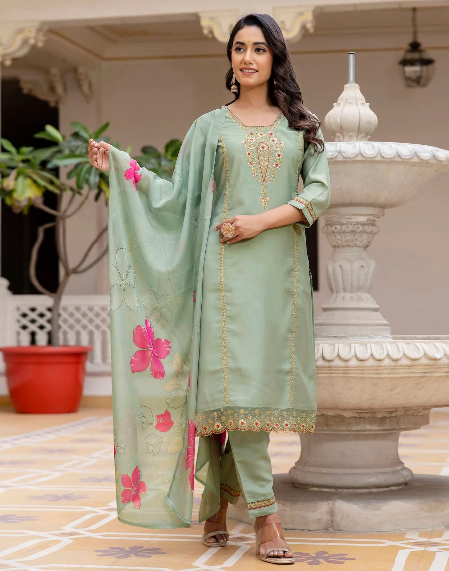 Skylee Light Green Silk Embroidered Straight Kurta Set for Women