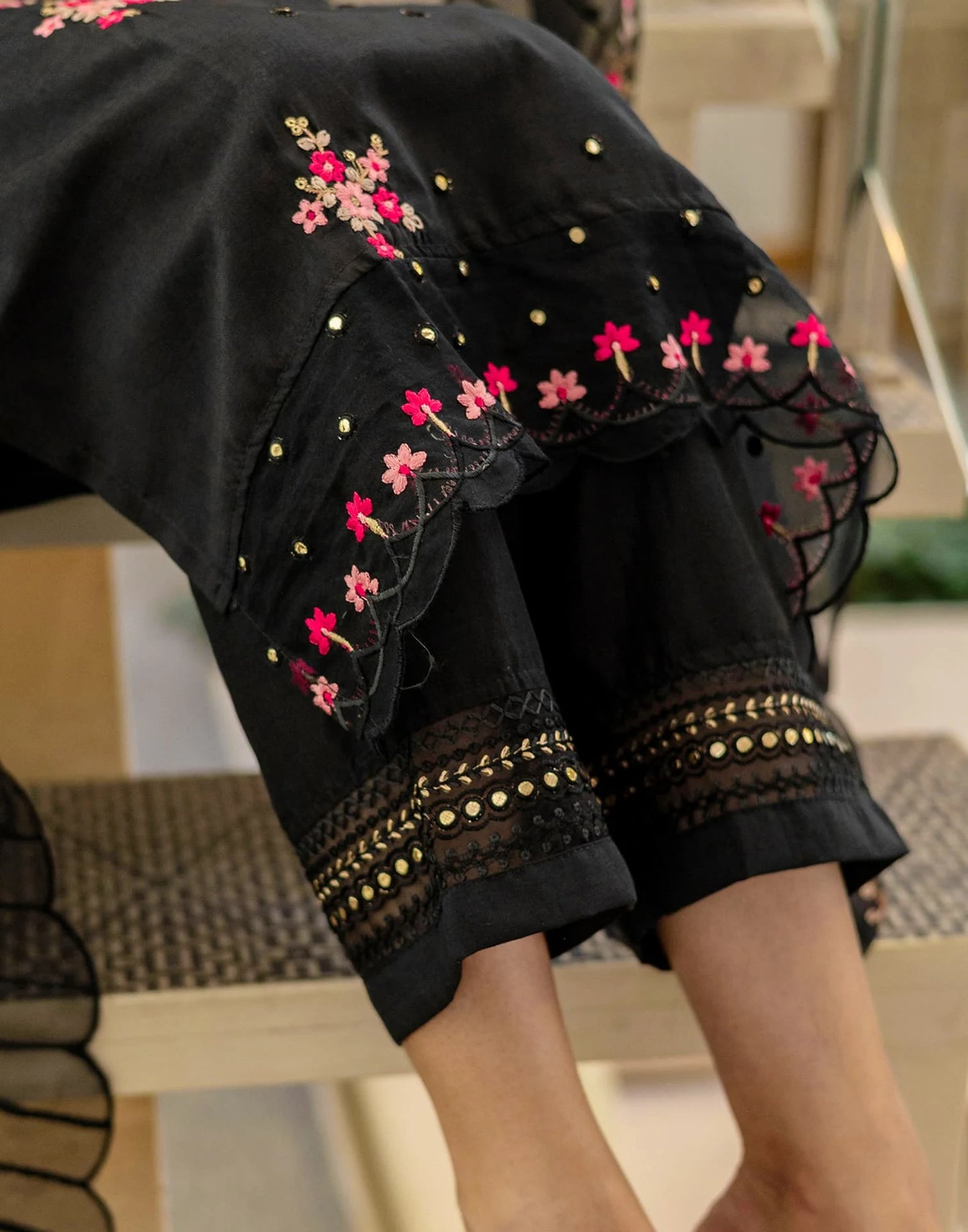 Black Silk Blend Embroidery and Sequins Work Straight Kurta with Pant and Dupatta