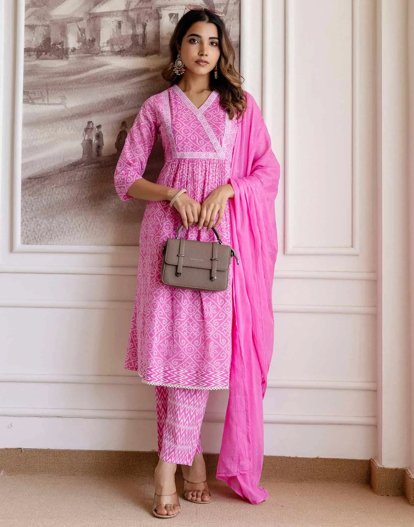 Skylee Pink Cotton Printed Anarkali Kurta Set for Women