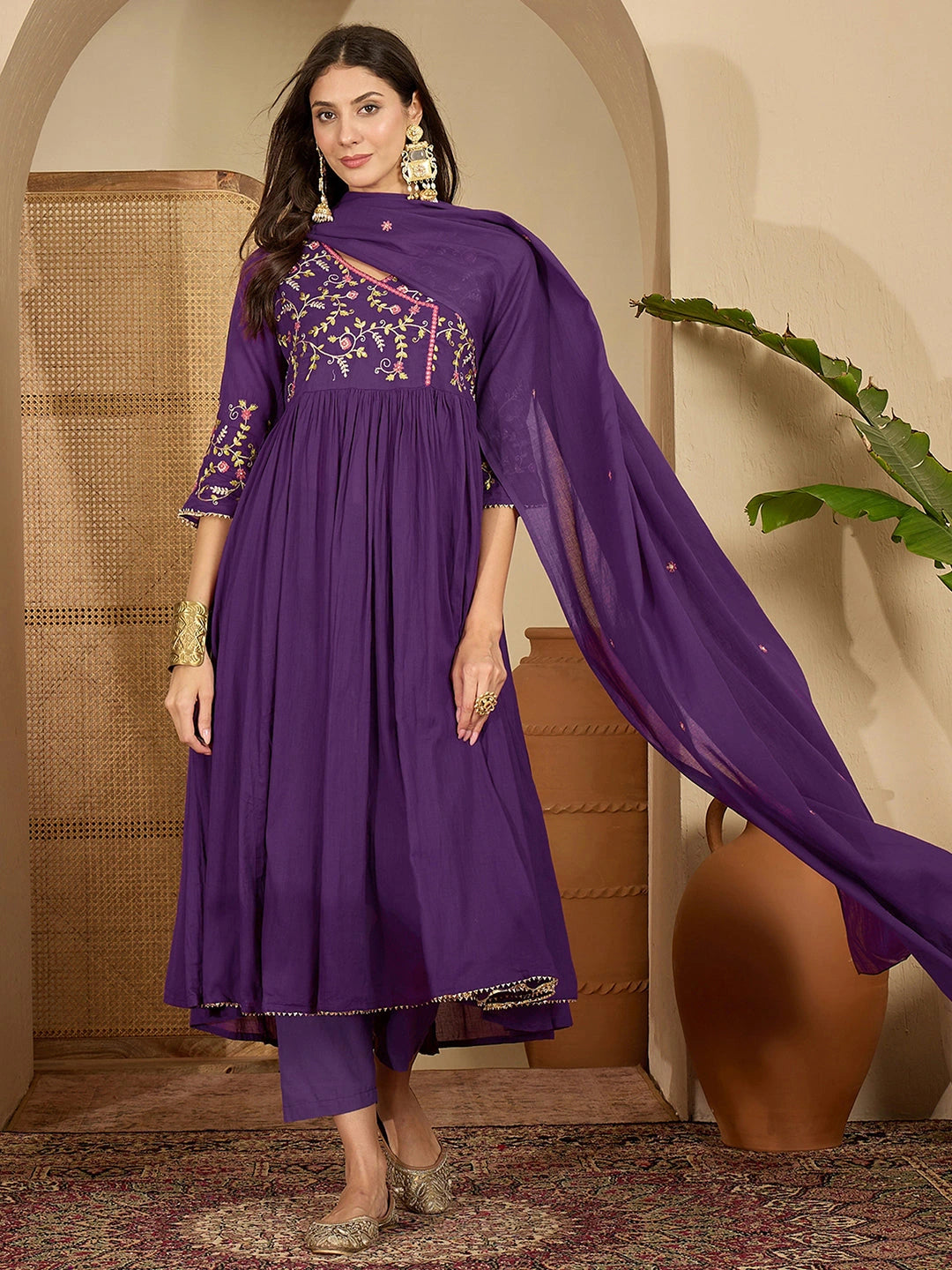 Cotton Embroidered Anarkali Kurta with Pant & Dupatta