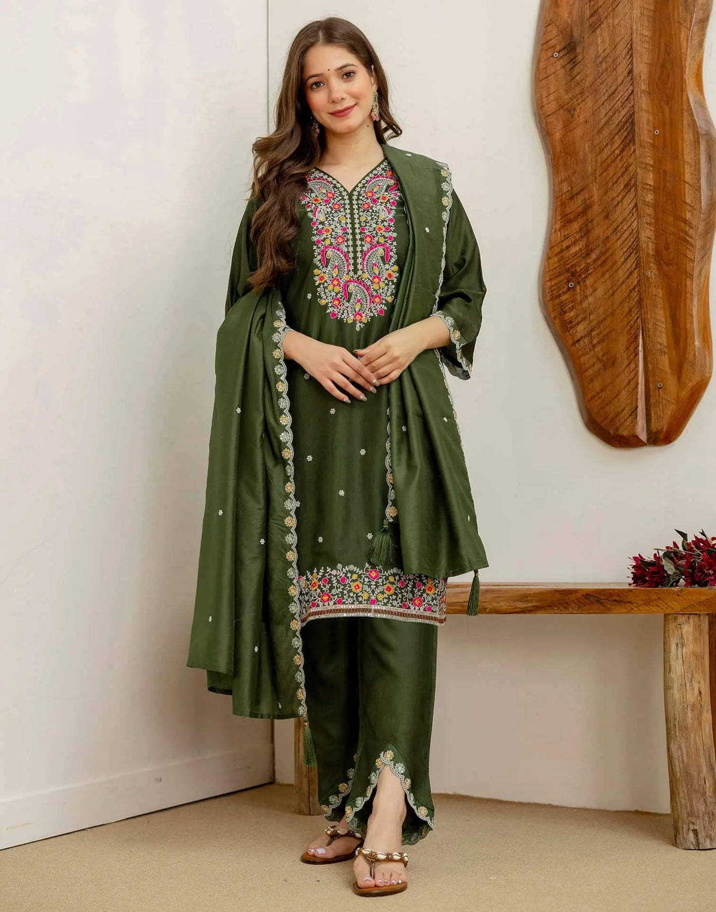 Green Silk Embroidered Straight Kurta Set with Pant and Dupatta for Women under 1299