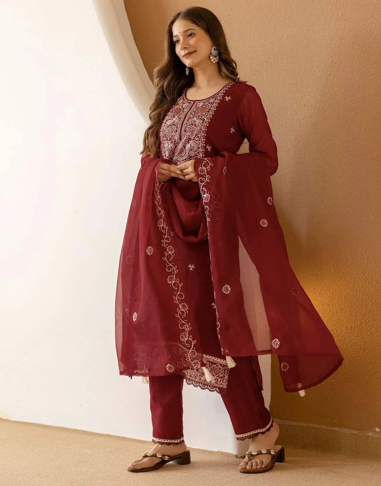 Maroon Silk Embroidered Straight Kurta Set with Pant & Dupatta for Women