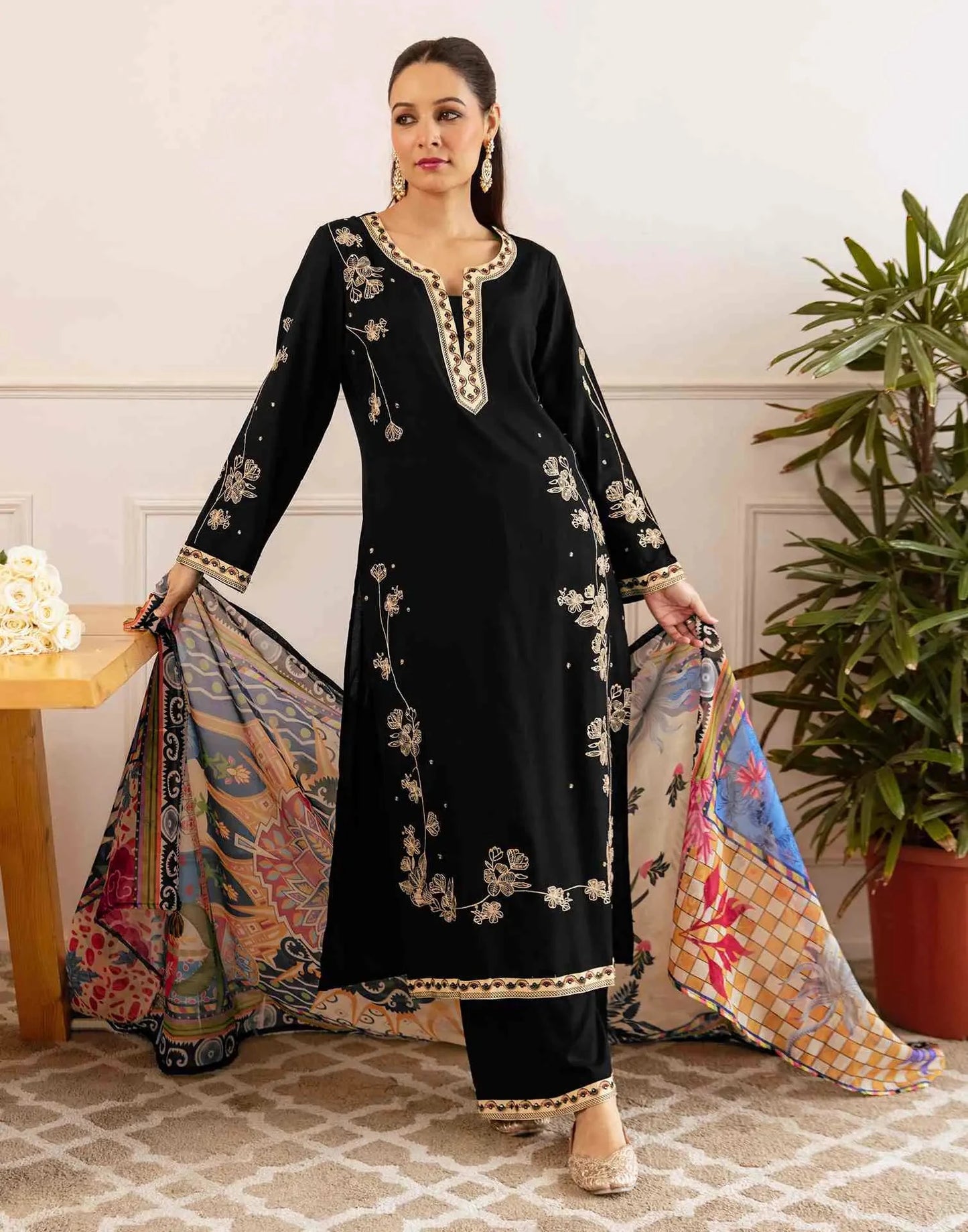 Rayon Embroidered Straight V-Neck Kurta with Pant & Dupatta